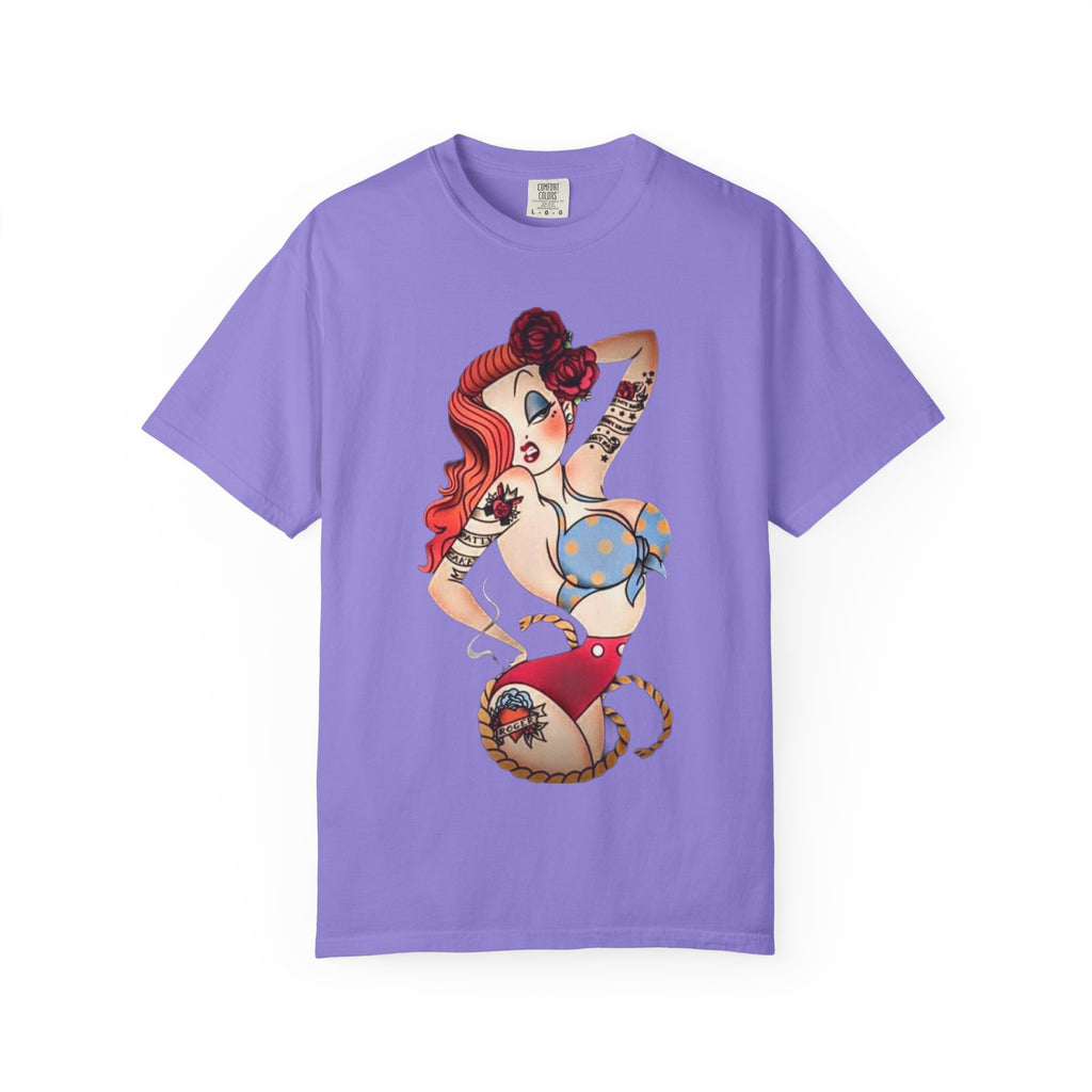 Pinup Girl Illustration T-Shirt | Retro Tattoo Art, Red Hair
