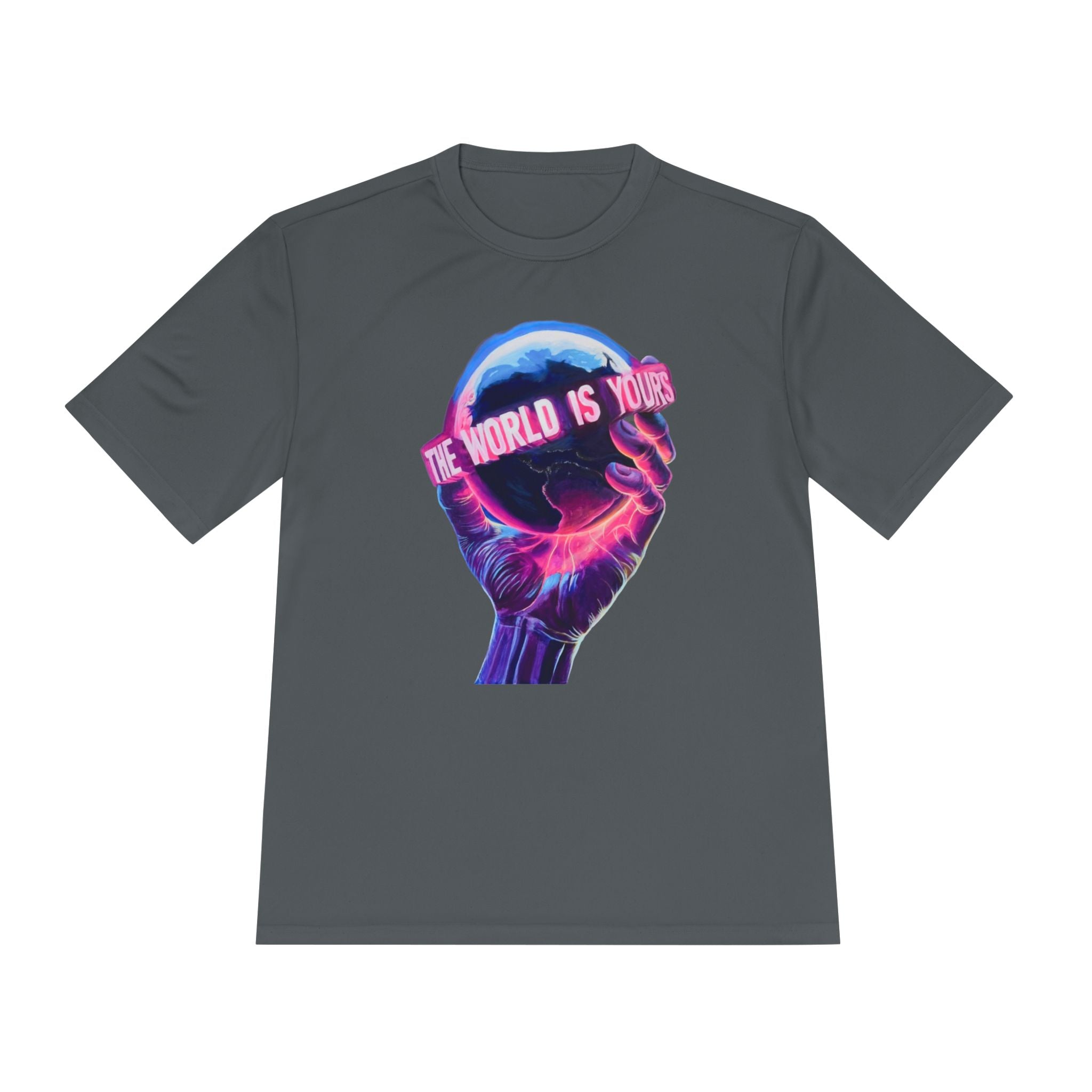 The World Is Yours hand holding globe Tee | Vaporwave neon graphic shirt