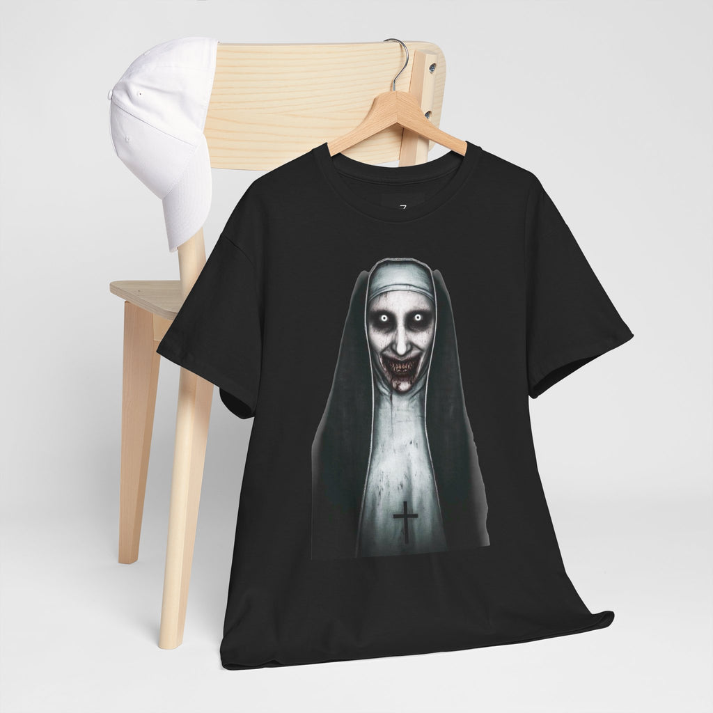 Horror Nun Creepy Smiling Nun Graphic Tee for Halloween & Gothic Fans