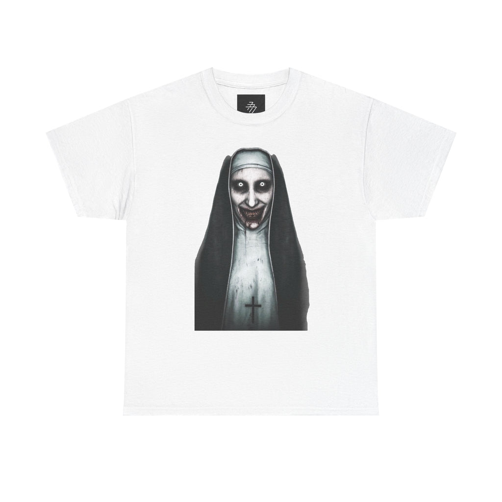Horror Nun Creepy Smiling Nun Graphic Tee for Halloween & Gothic Fans
