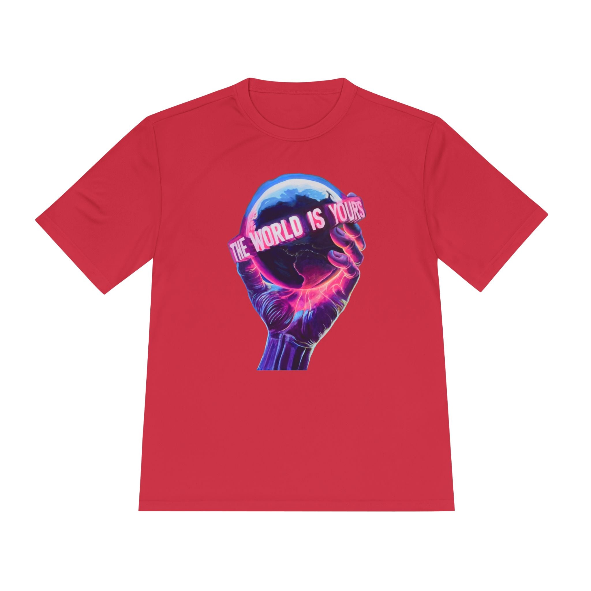 The World Is Yours hand holding globe Tee | Vaporwave neon graphic shirt