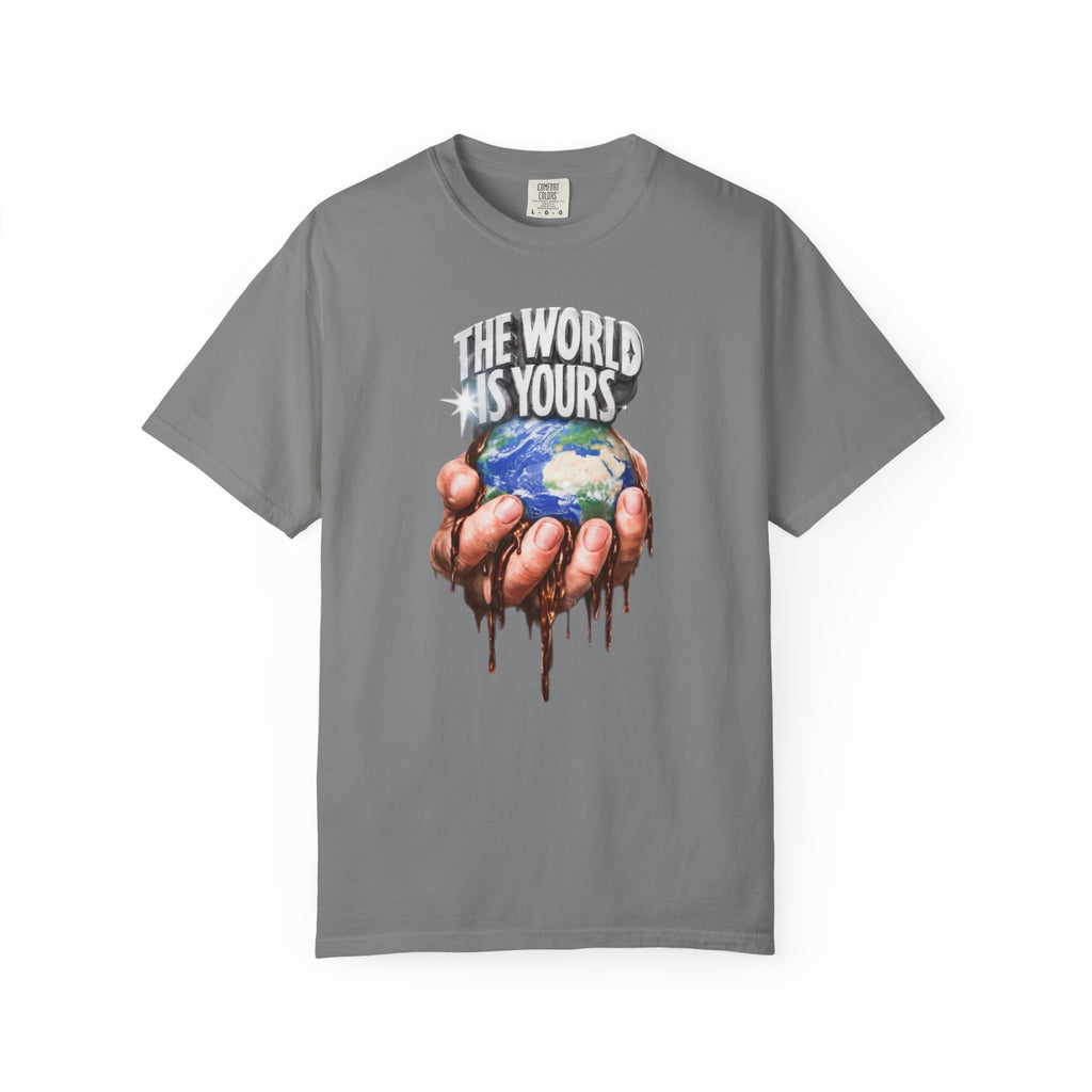 The World Is Yours hands holding earth T-Shirt | Dripping globe graphic