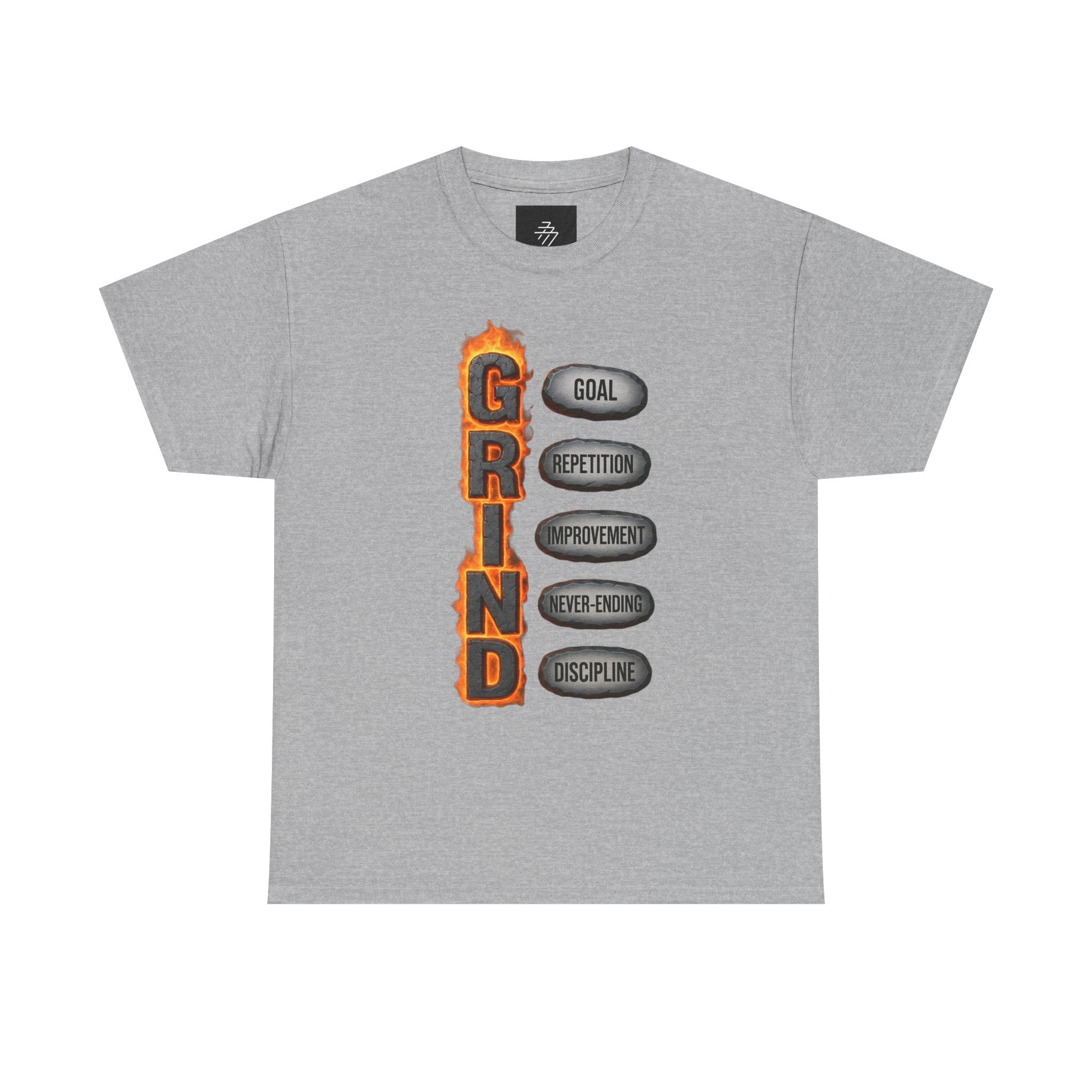 Grind Motivational Tee — "GRIND" Flame Graphic with Goal, Repetition, Improvement, Discipline