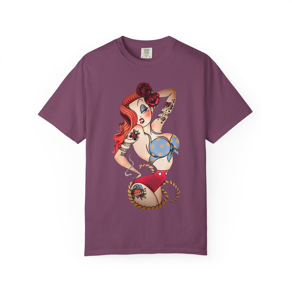 Pinup Girl Illustration T-Shirt | Retro Tattoo Art, Red Hair
