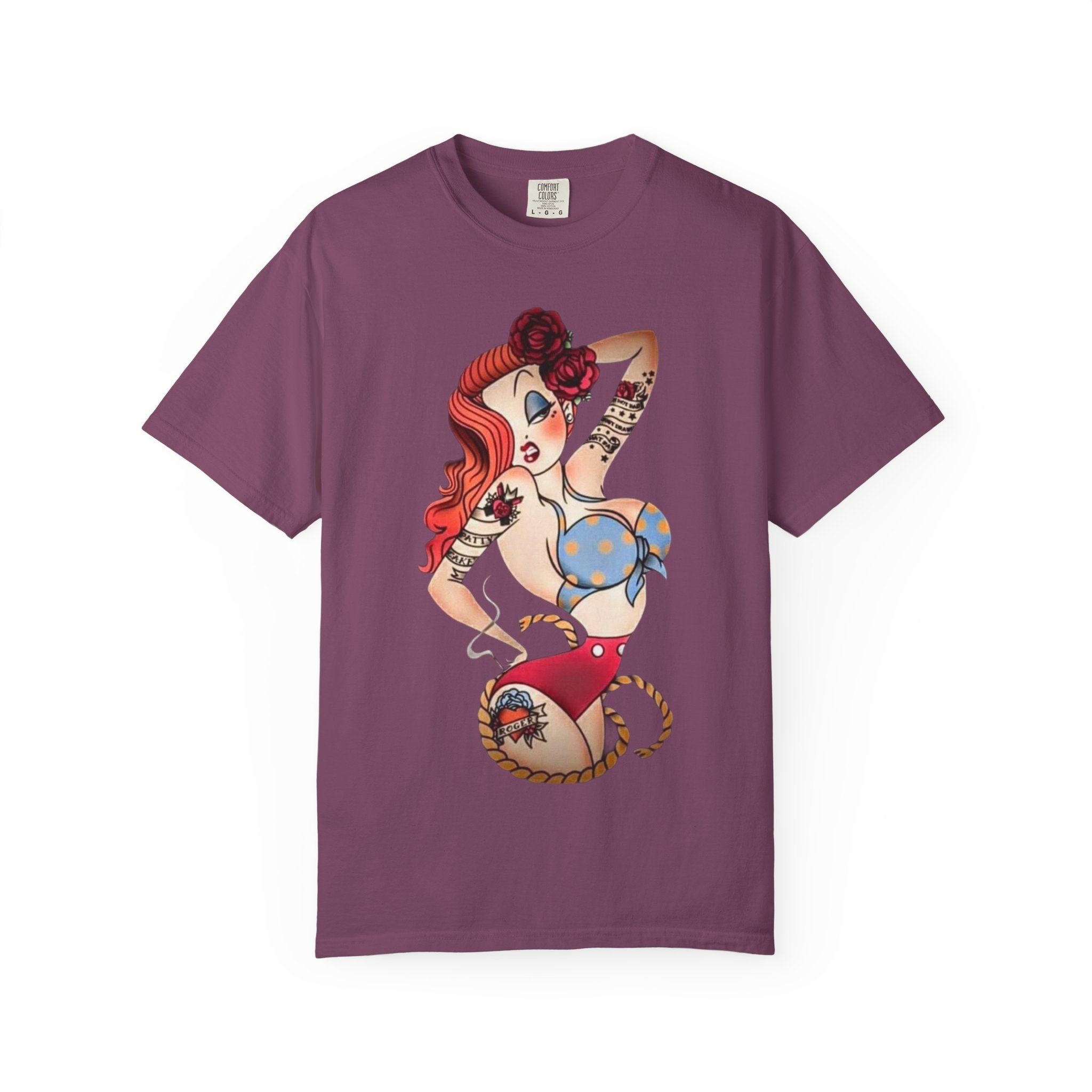 Pinup Girl Illustration T-Shirt | Retro Tattoo Art, Red Hair