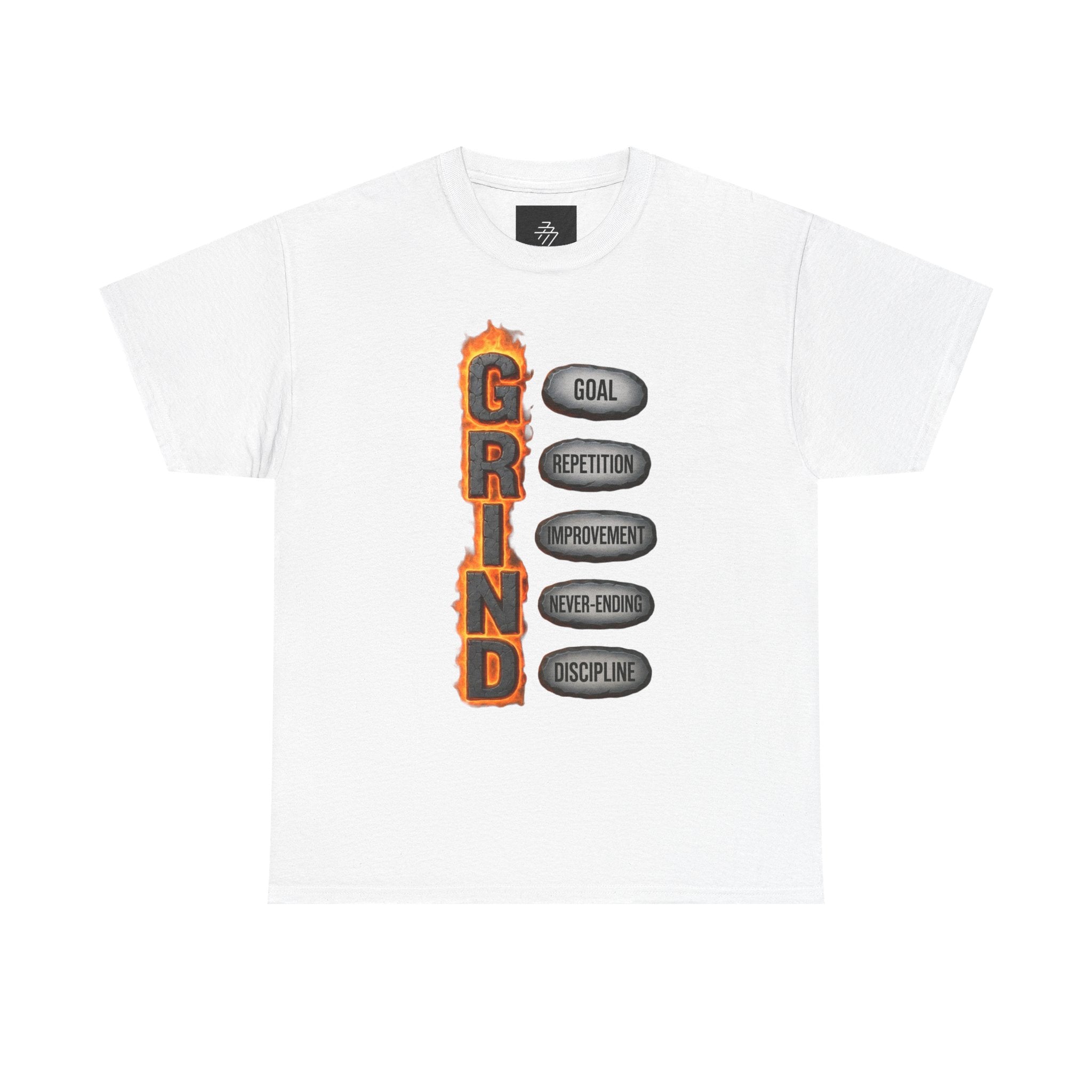 Grind Motivational Tee — "GRIND" Flame Graphic with Goal, Repetition, Improvement, Discipline