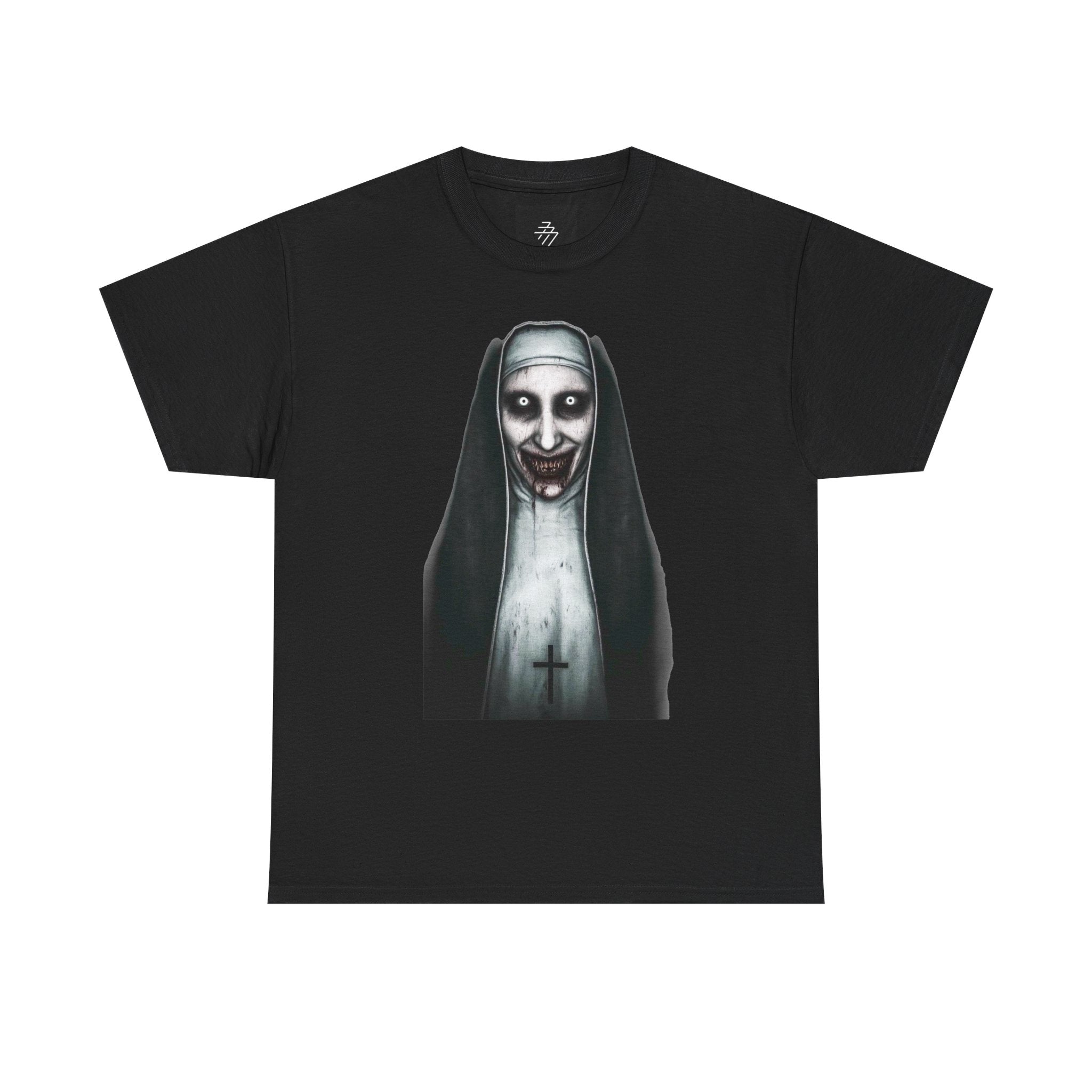 Horror Nun Creepy Smiling Nun Graphic Tee for Halloween & Gothic Fans