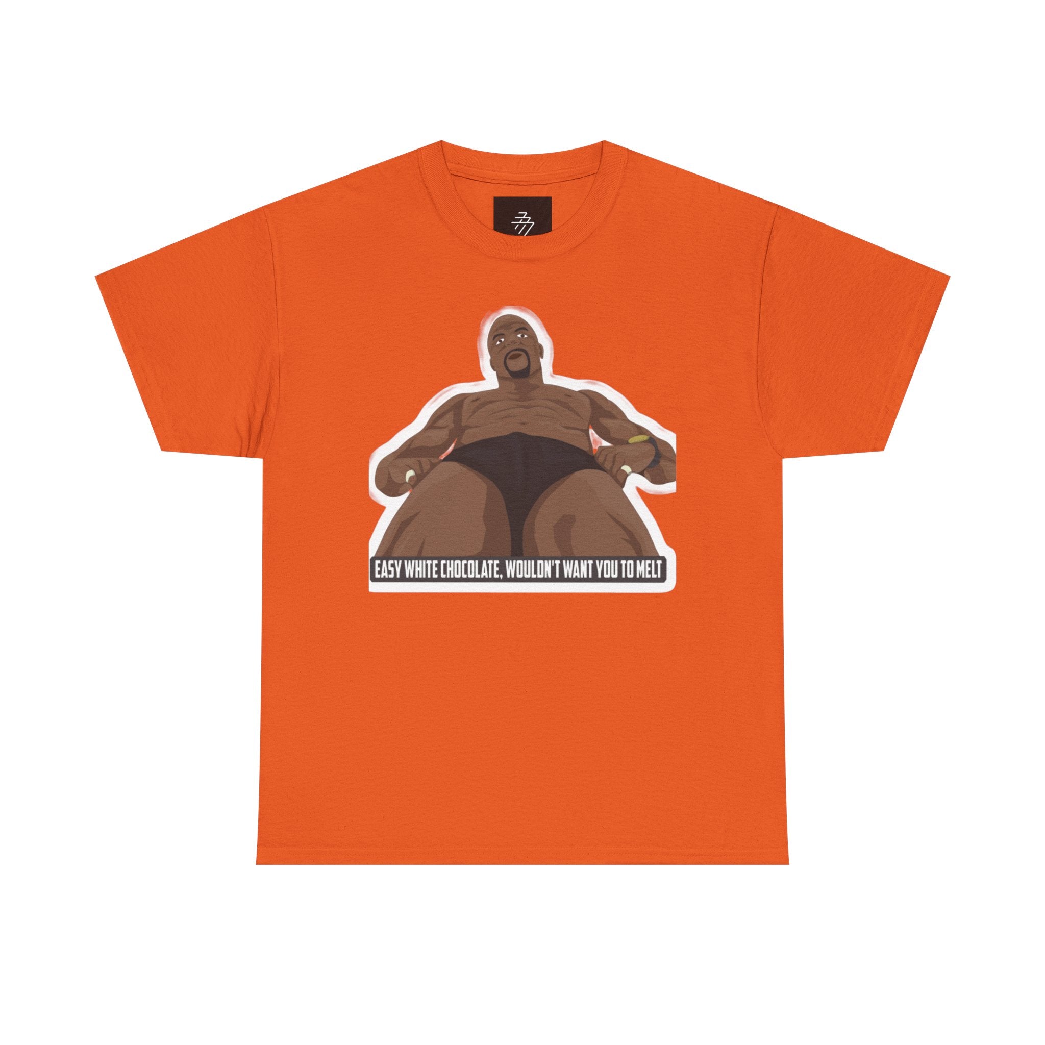 Graphic T‑Shirt — Bold Cartoon Man Illustration with "Easy White Chocolate, Wouldn't Want You to Melt" Slogan