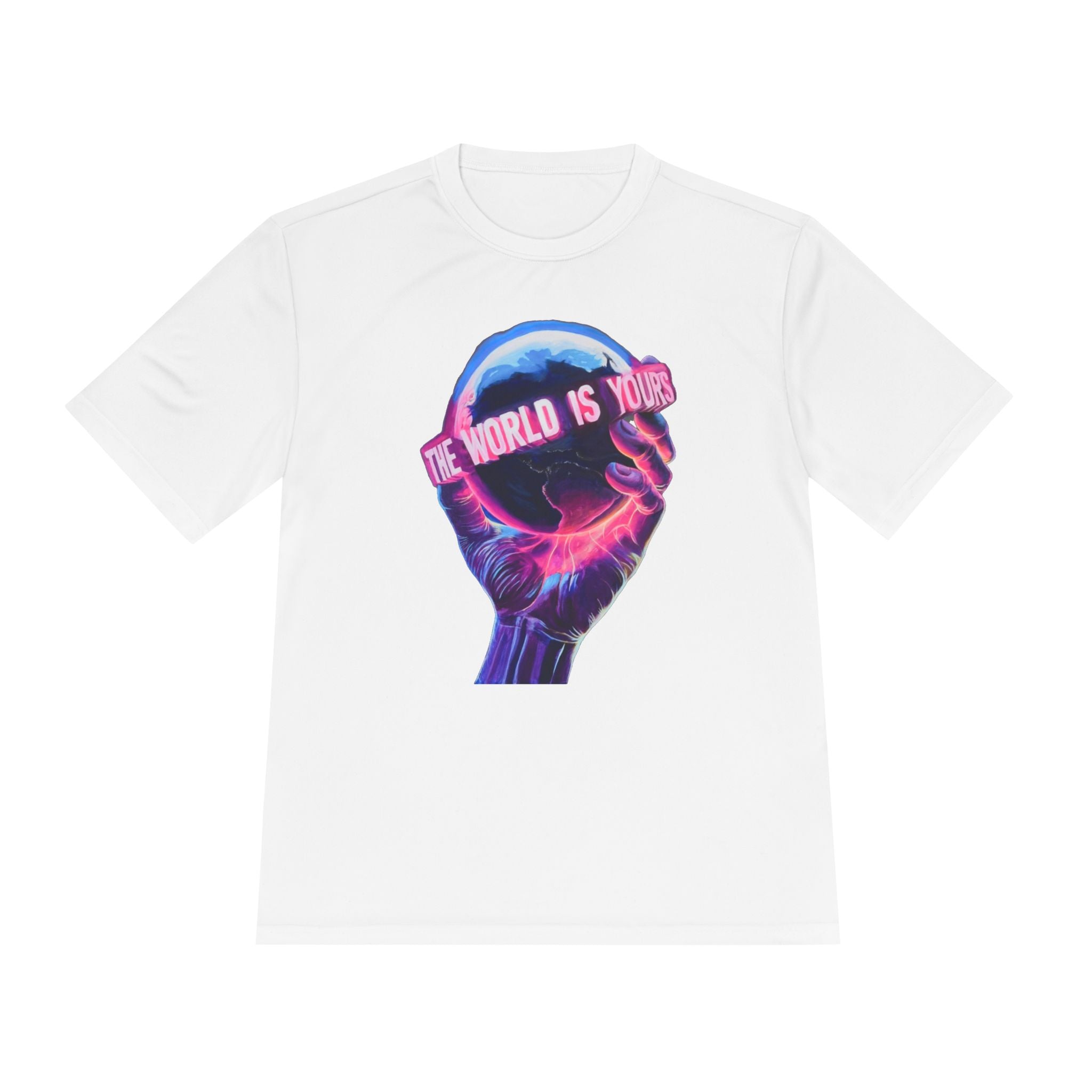 The World Is Yours hand holding globe Tee | Vaporwave neon graphic shirt