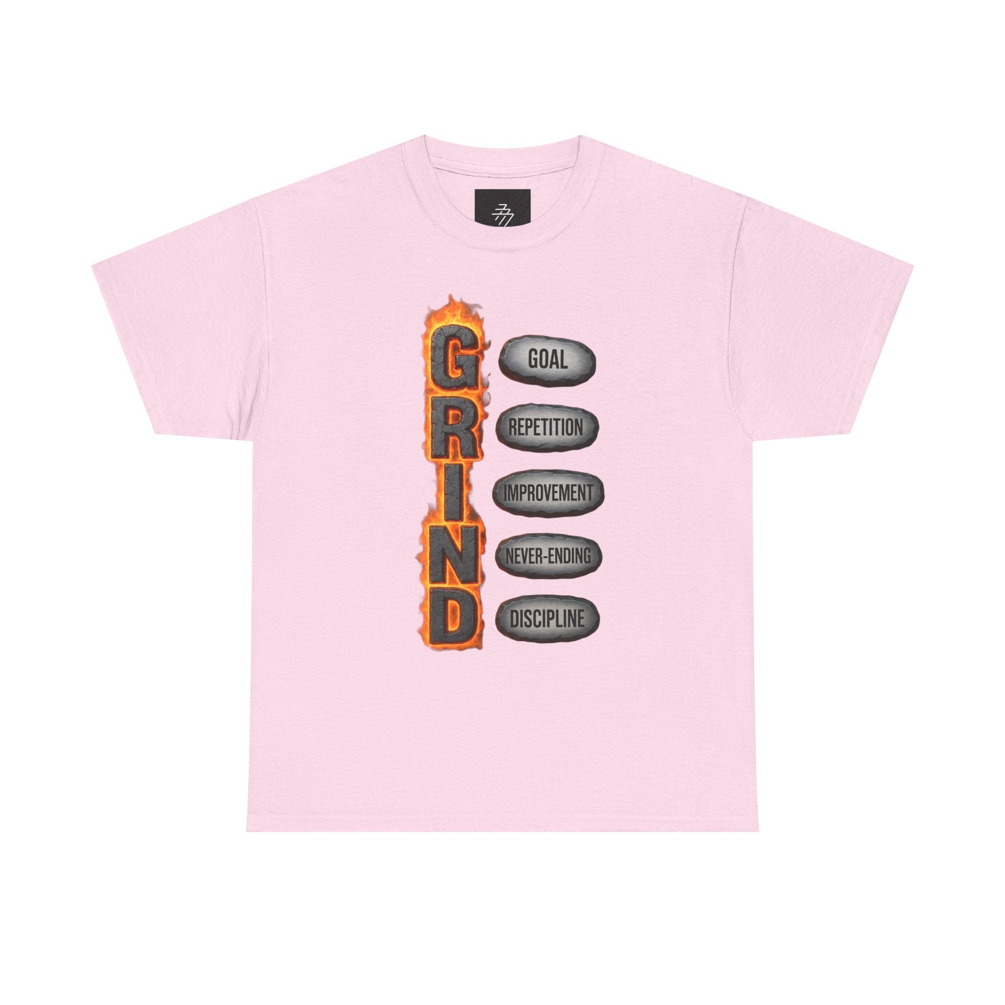 Grind Motivational Tee — "GRIND" Flame Graphic with Goal, Repetition, Improvement, Discipline