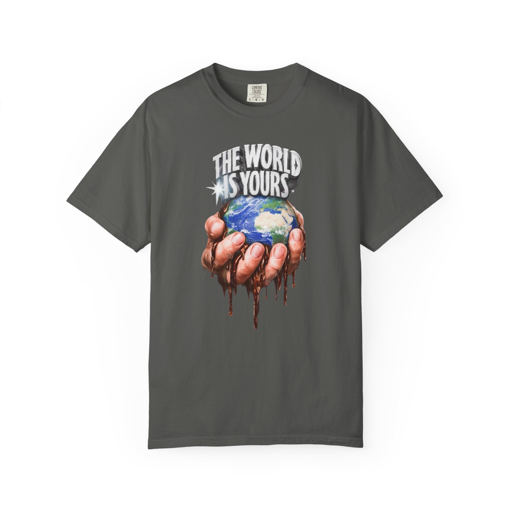 The World Is Yours hands holding earth T-Shirt | Dripping globe graphic