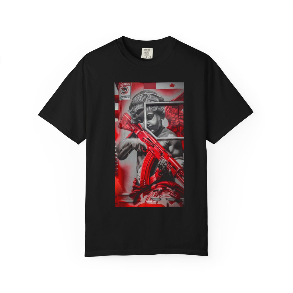 Red and Black Statue with Rifle T-Shirt | Grunge Urban Art