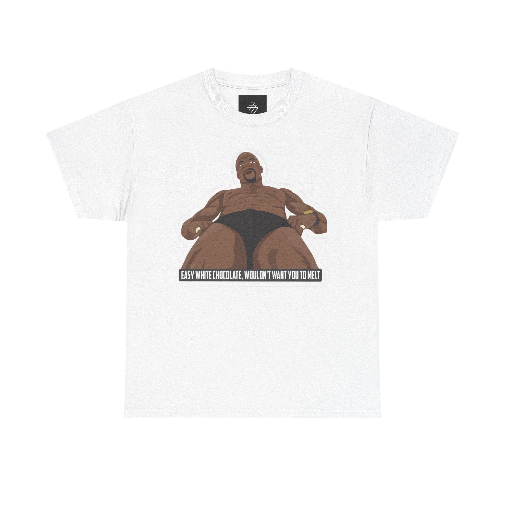 Graphic T‑Shirt — Bold Cartoon Man Illustration with "Easy White Chocolate, Wouldn't Want You to Melt" Slogan