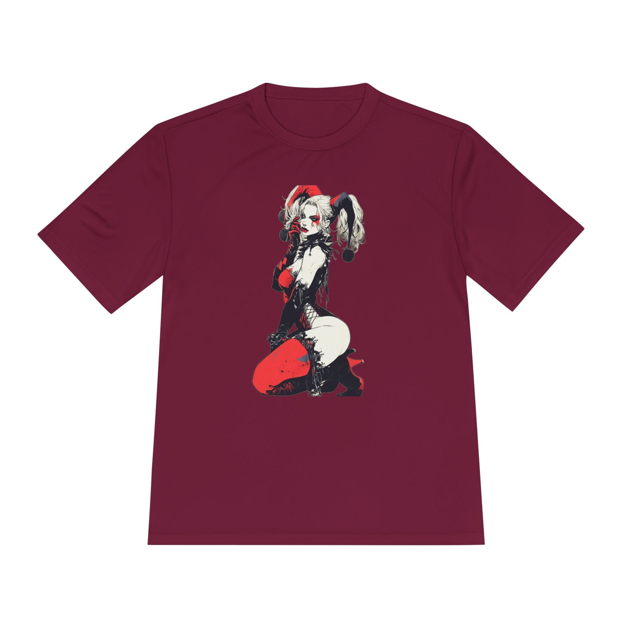 Harlequin Pinup Character Tee | Red Black Joker Girl Illustration