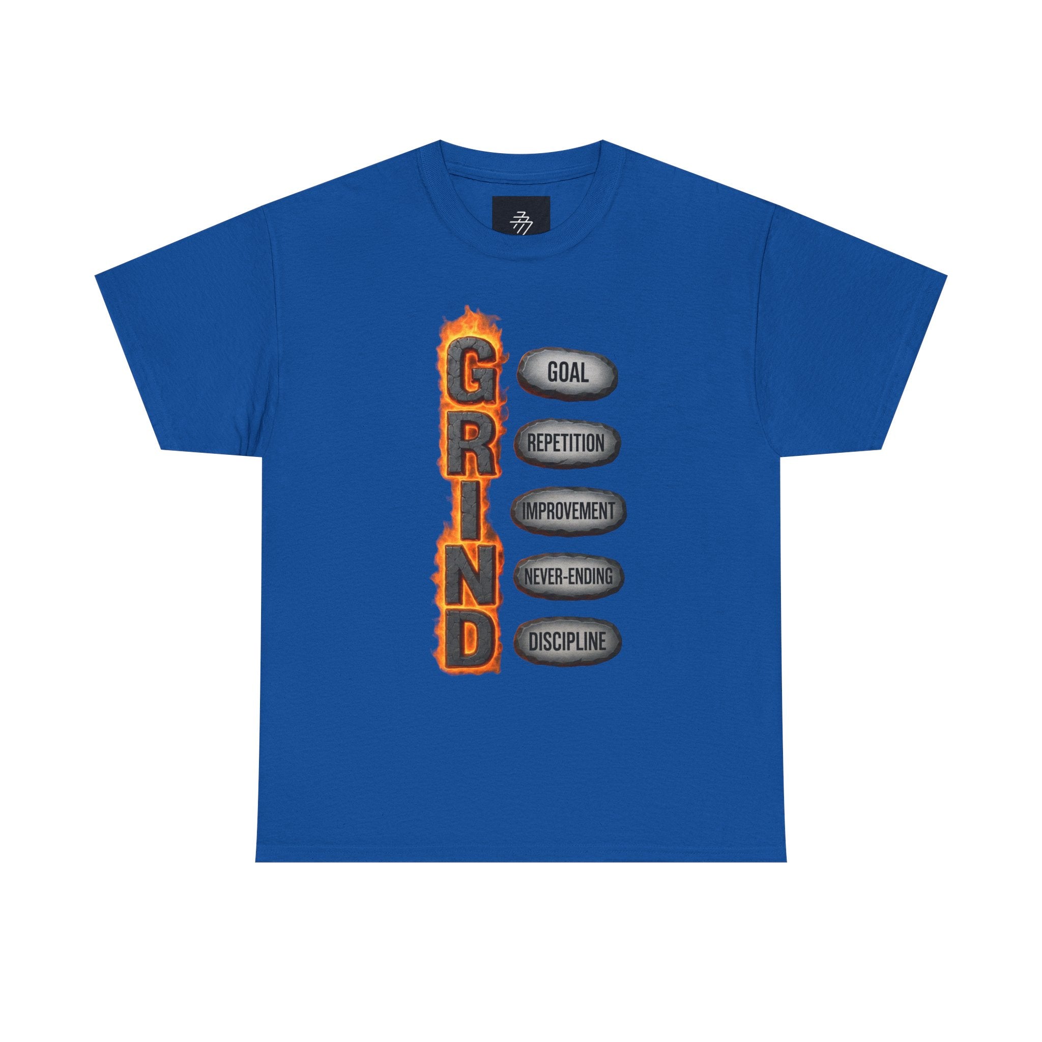 Grind Motivational Tee — "GRIND" Flame Graphic with Goal, Repetition, Improvement, Discipline