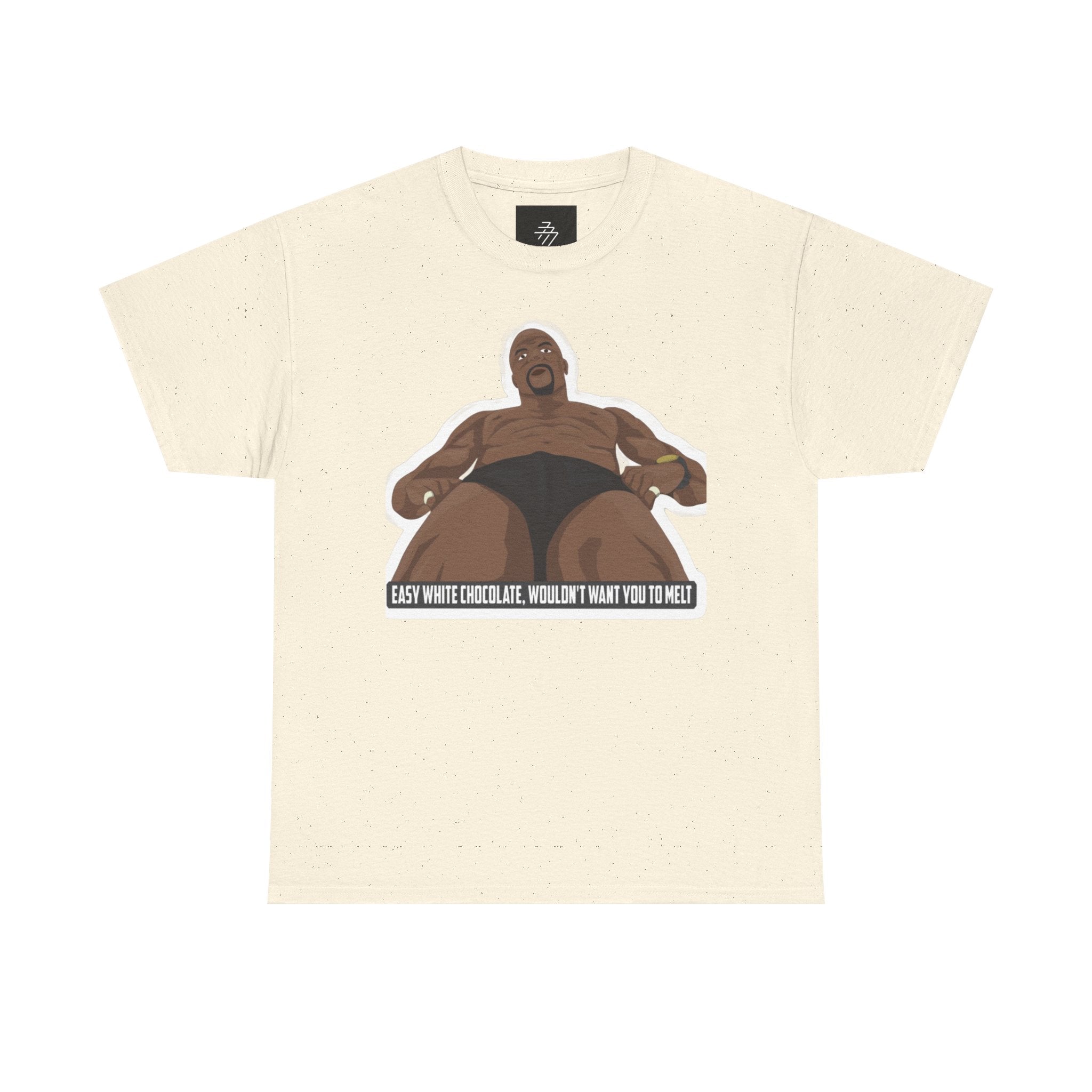 Graphic T‑Shirt — Bold Cartoon Man Illustration with "Easy White Chocolate, Wouldn't Want You to Melt" Slogan
