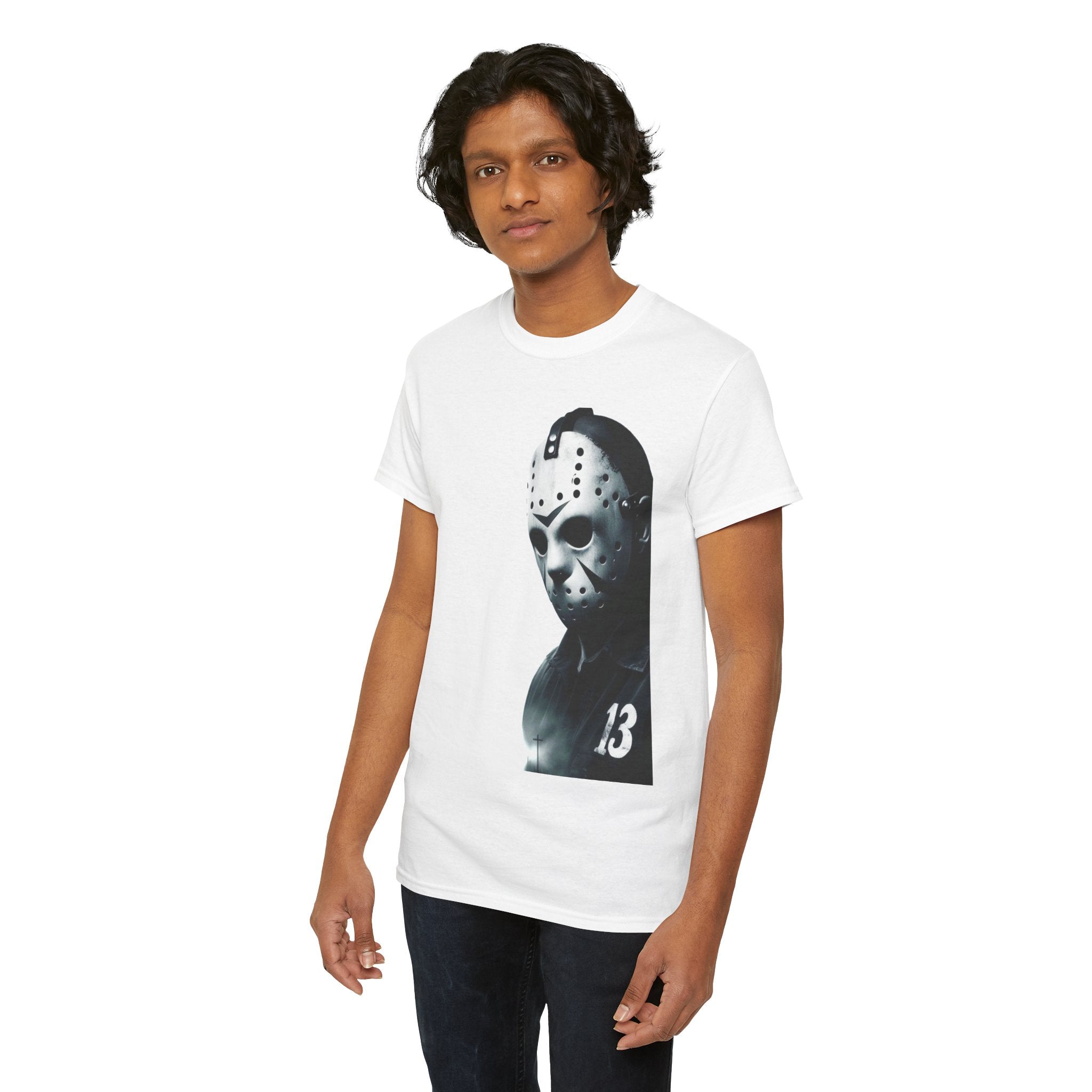 Horror Mask Graphic Tee — Jason '13' Slashed Vintage Horror Art T-Shirt