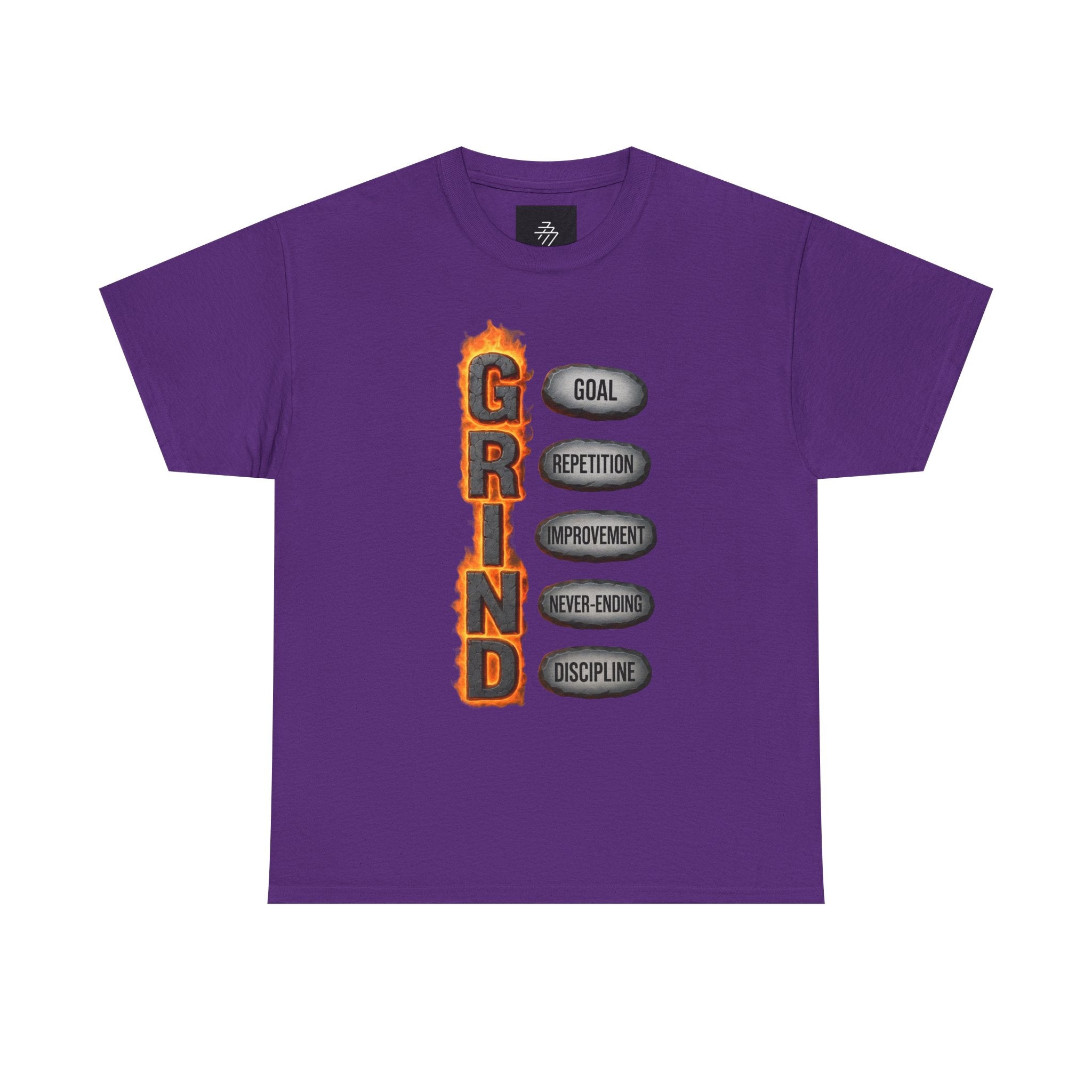 Grind Motivational Tee — "GRIND" Flame Graphic with Goal, Repetition, Improvement, Discipline