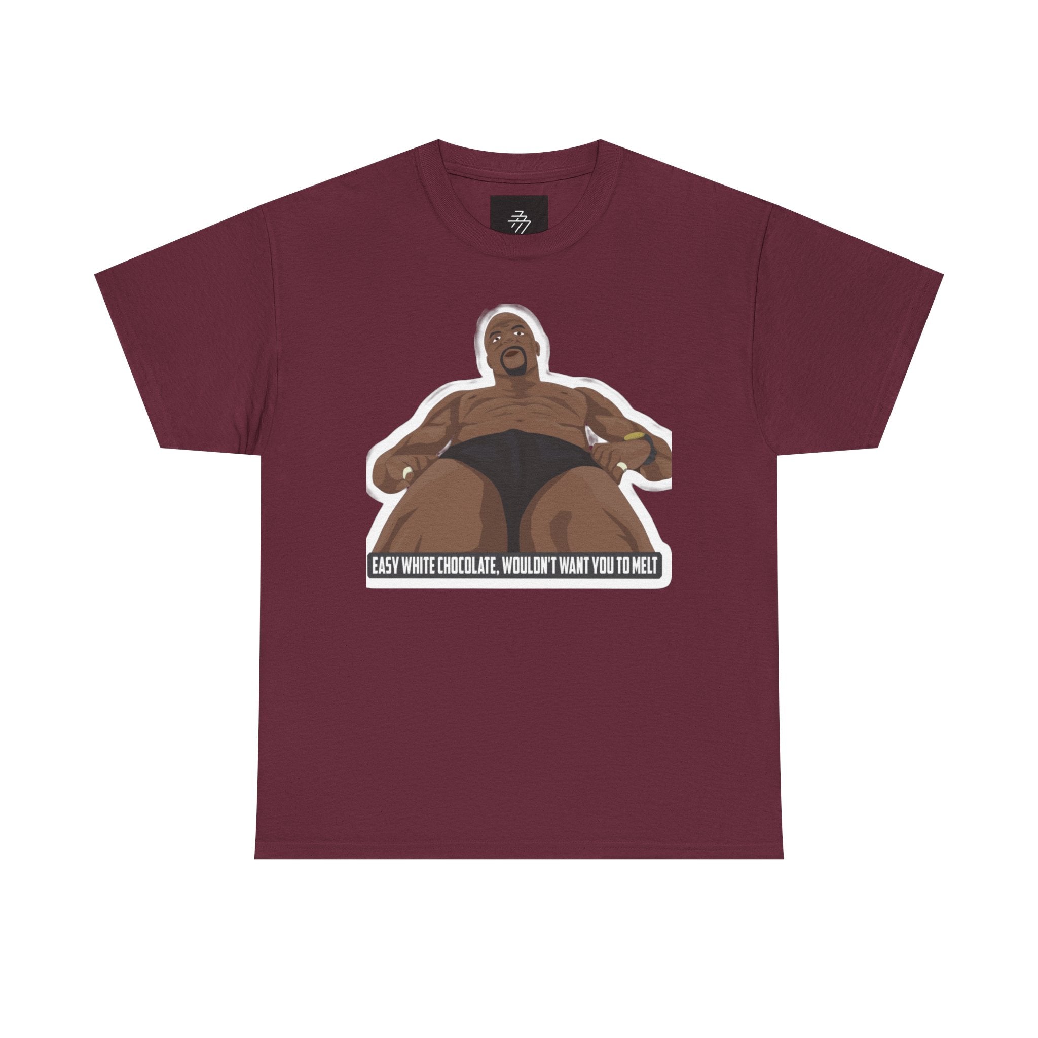 Graphic T‑Shirt — Bold Cartoon Man Illustration with "Easy White Chocolate, Wouldn't Want You to Melt" Slogan