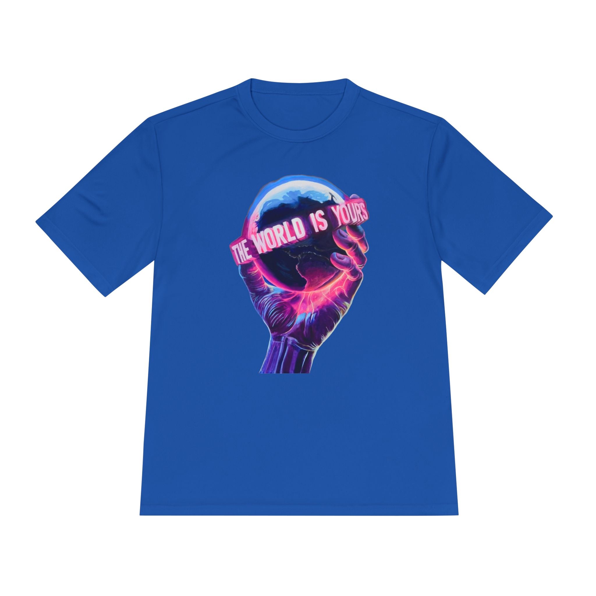 The World Is Yours hand holding globe Tee | Vaporwave neon graphic shirt