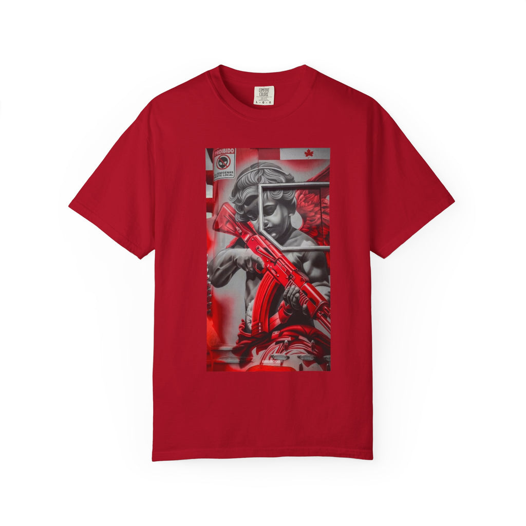 Red and Black Statue with Rifle T-Shirt | Grunge Urban Art