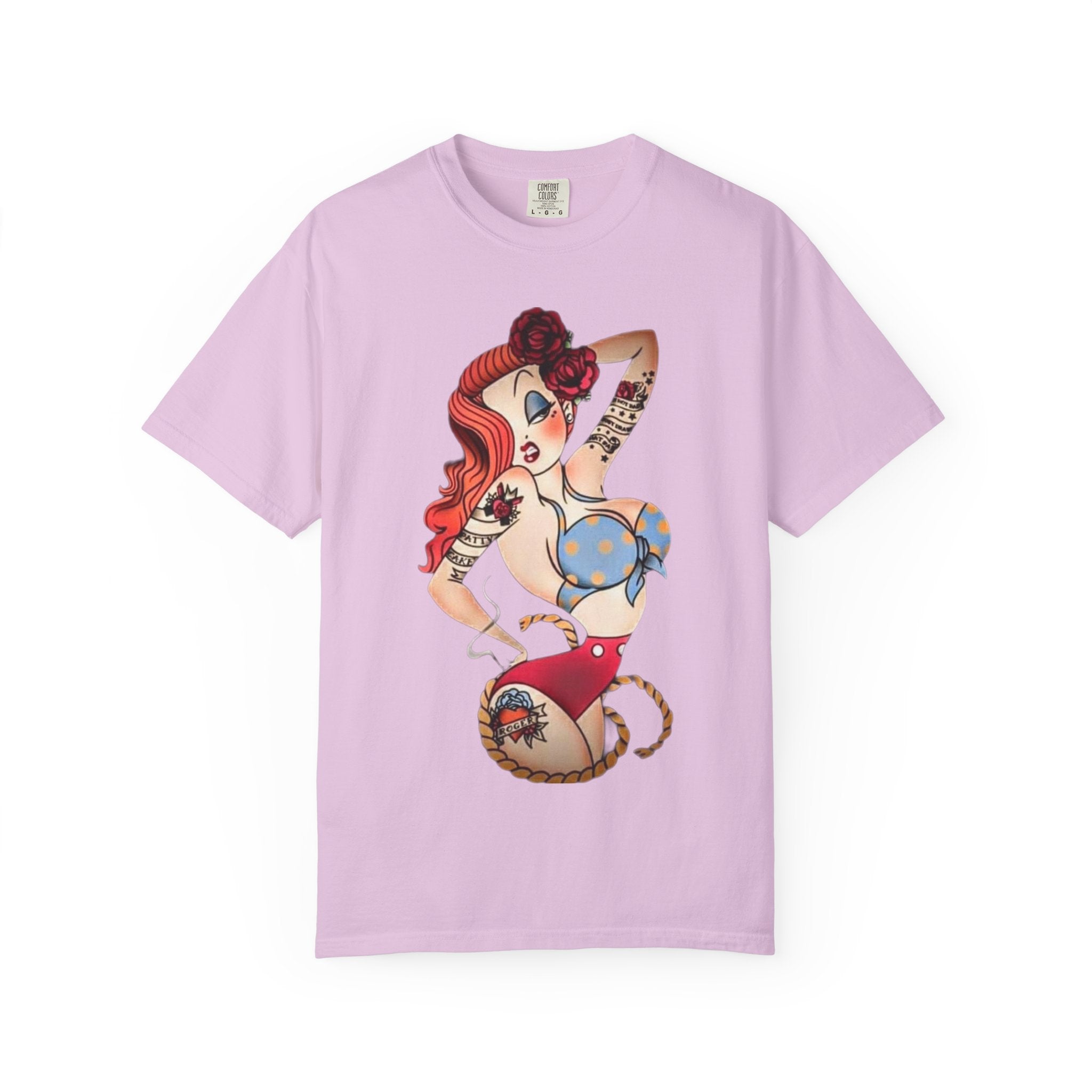 Pinup Girl Illustration T-Shirt | Retro Tattoo Art, Red Hair