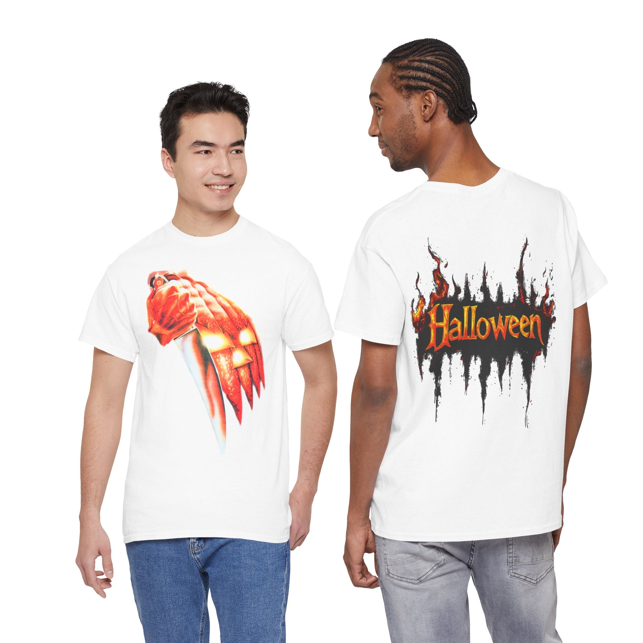 Halloween Pumpkin Mask T-Shirt — Spooky Flame Back Graphic