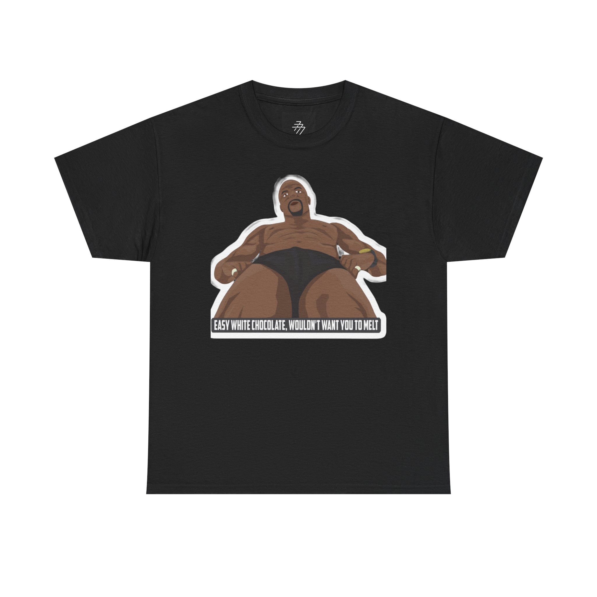 Graphic T‑Shirt — Bold Cartoon Man Illustration with "Easy White Chocolate, Wouldn't Want You to Melt" Slogan