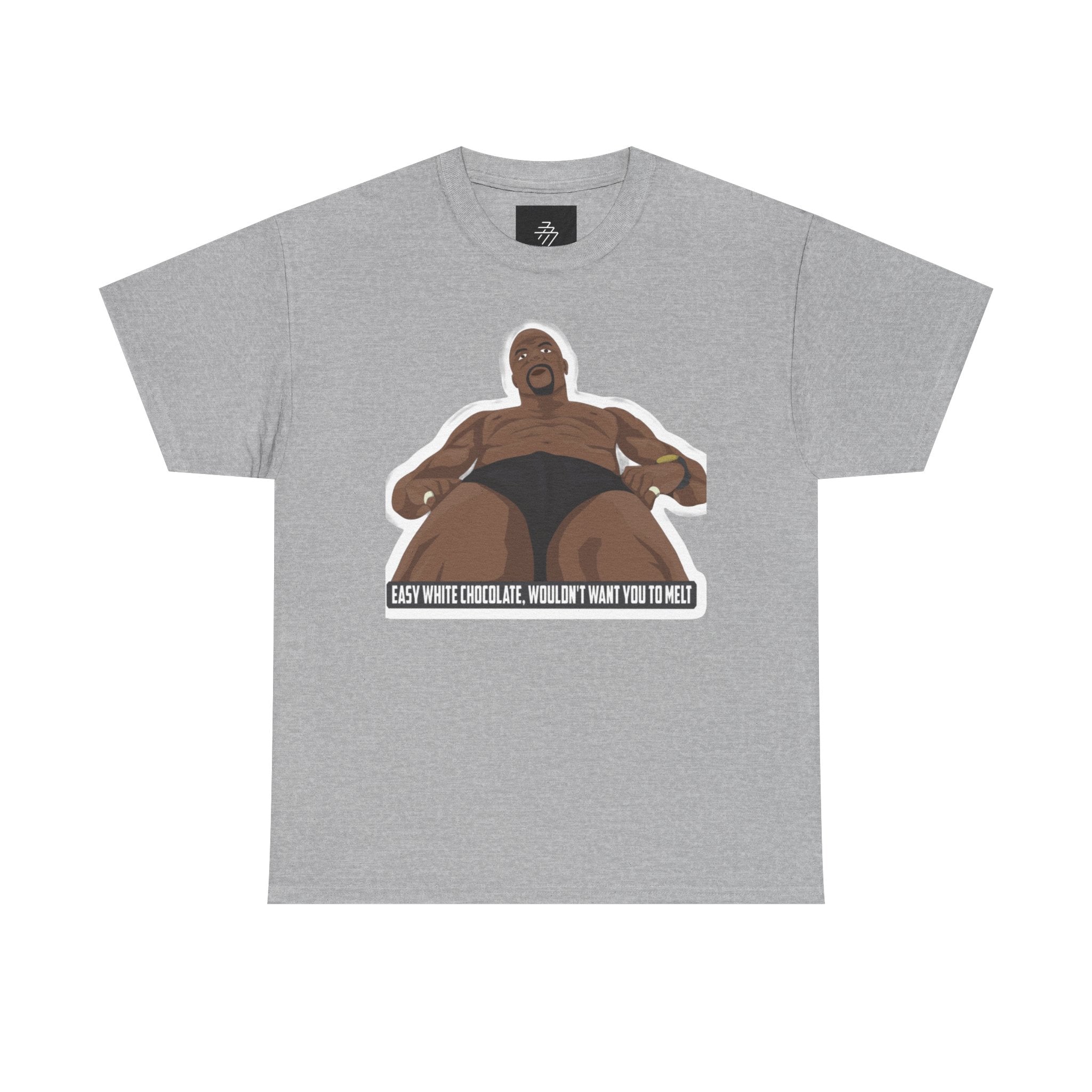 Graphic T‑Shirt — Bold Cartoon Man Illustration with "Easy White Chocolate, Wouldn't Want You to Melt" Slogan