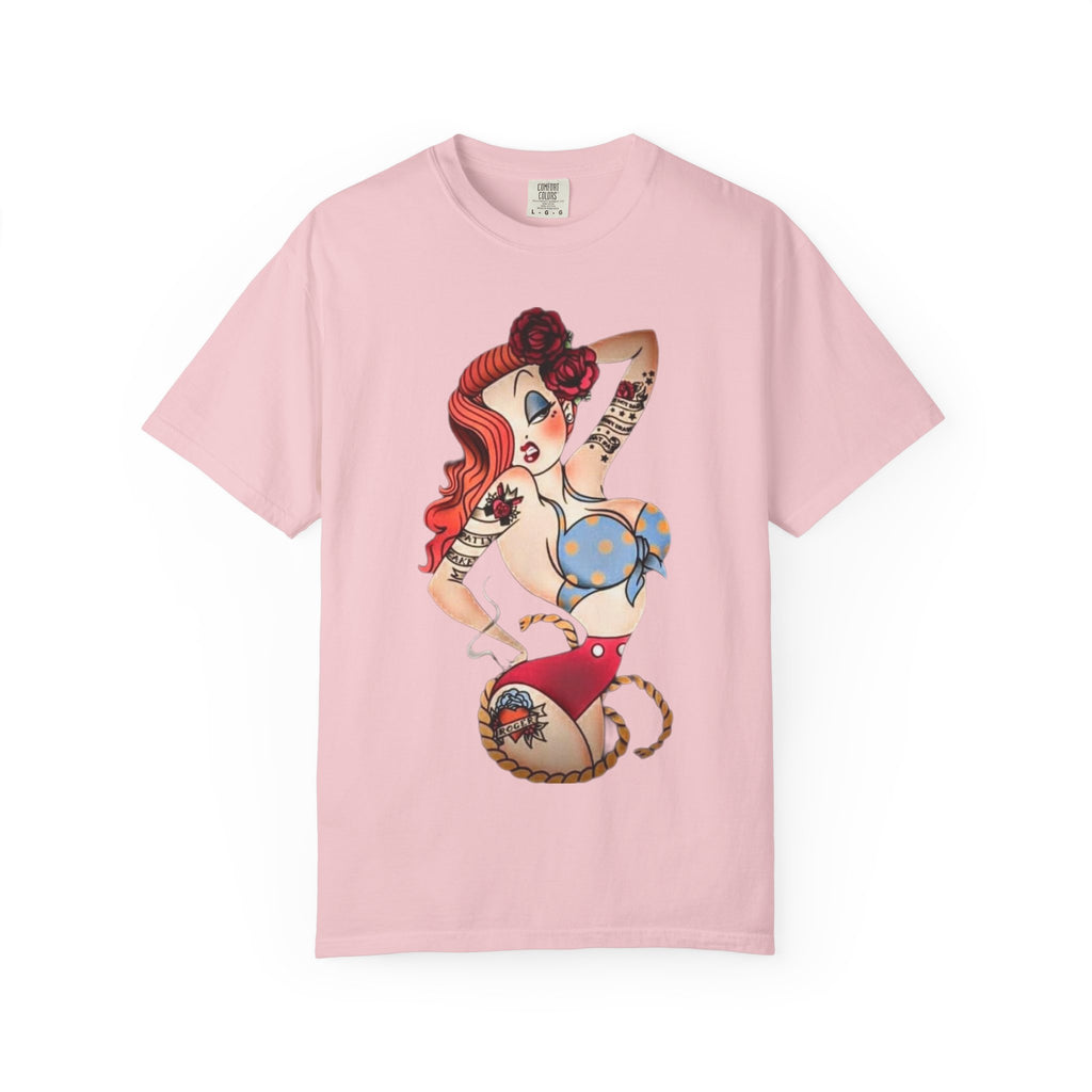 Pinup Girl Illustration T-Shirt | Retro Tattoo Art, Red Hair