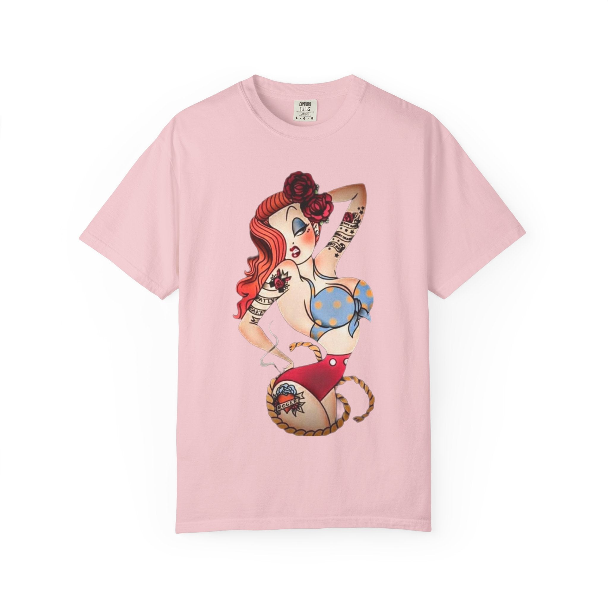 Pinup Girl Illustration T-Shirt | Retro Tattoo Art, Red Hair