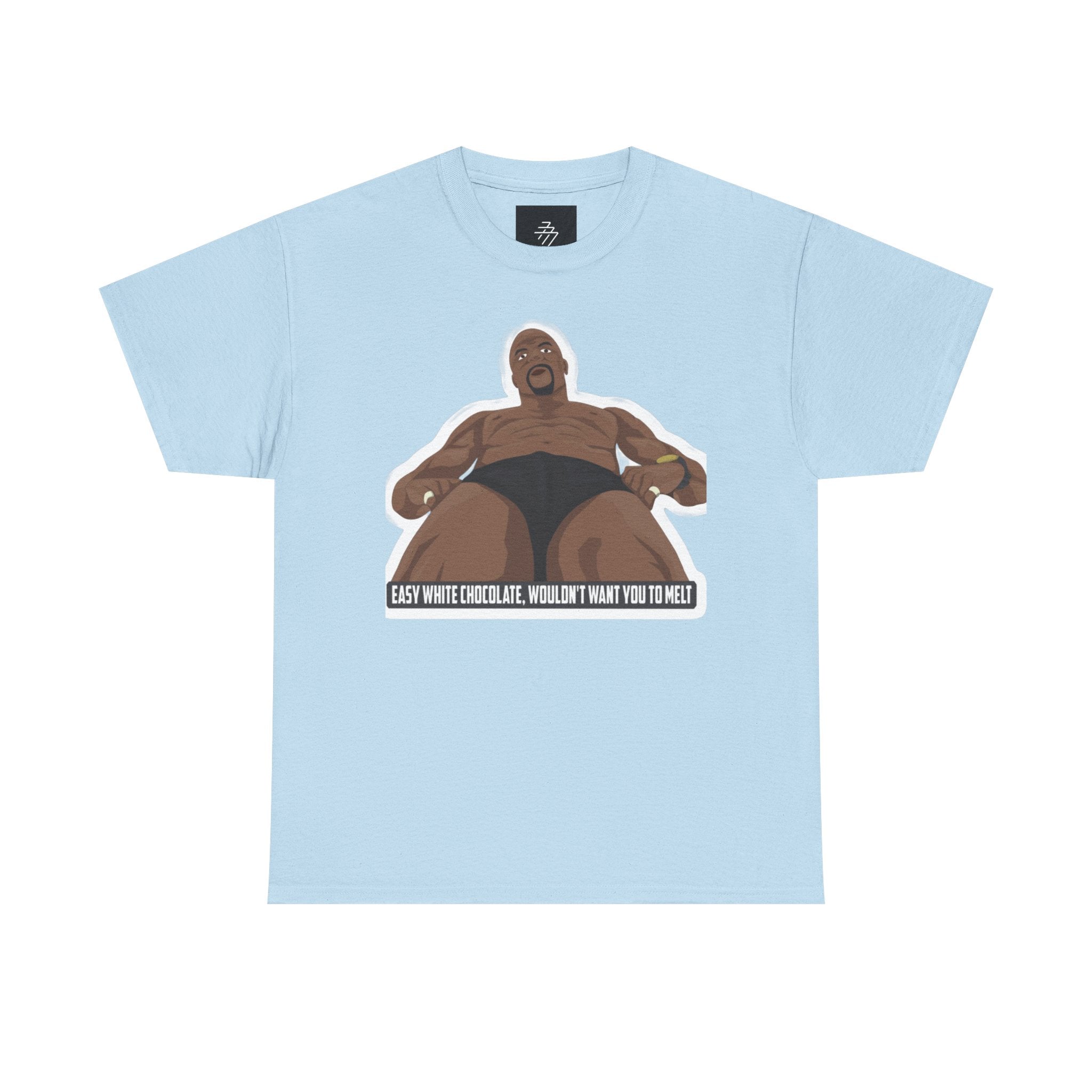 Graphic T‑Shirt — Bold Cartoon Man Illustration with "Easy White Chocolate, Wouldn't Want You to Melt" Slogan