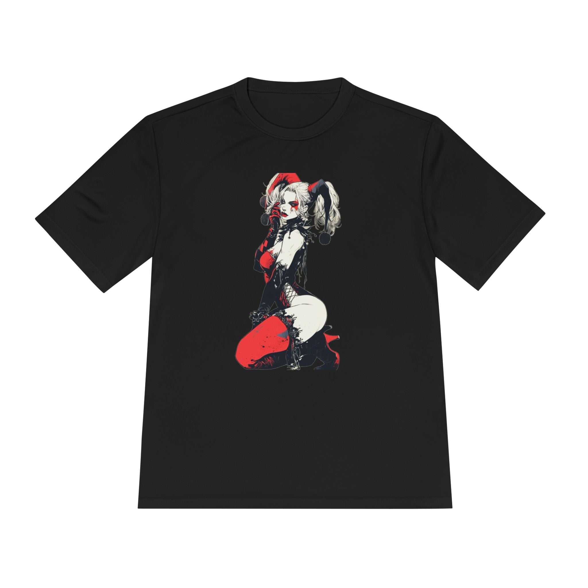Harlequin Pinup Character Tee | Red Black Joker Girl Illustration