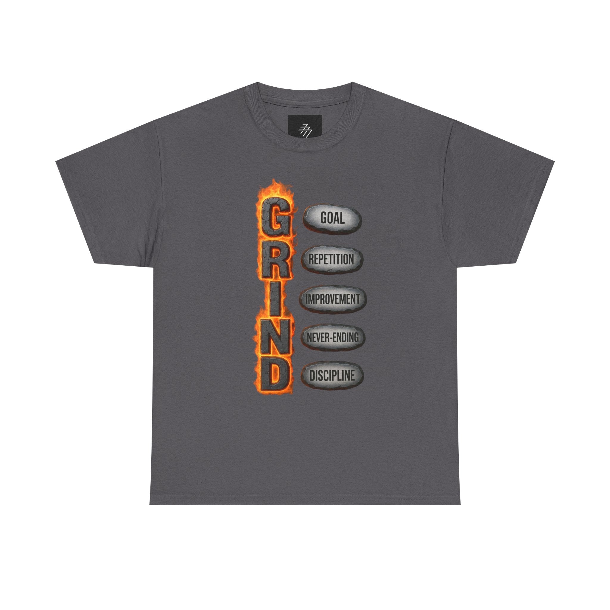 Grind Motivational Tee — "GRIND" Flame Graphic with Goal, Repetition, Improvement, Discipline