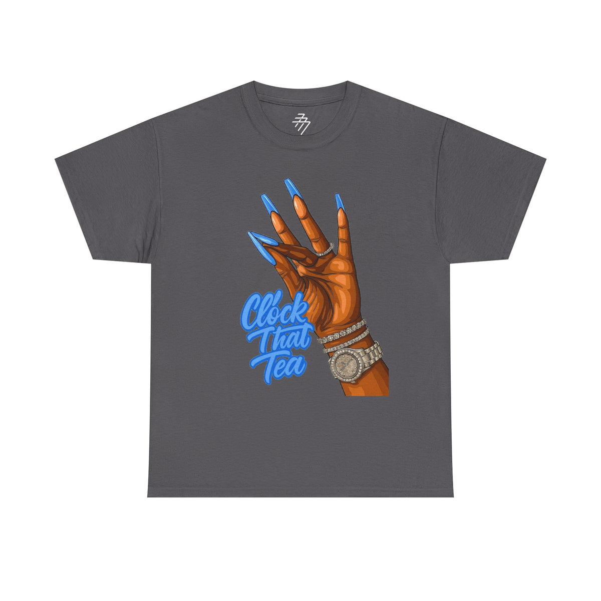 'Clock That Tea' Hand with Blue Nails Graphic Tee