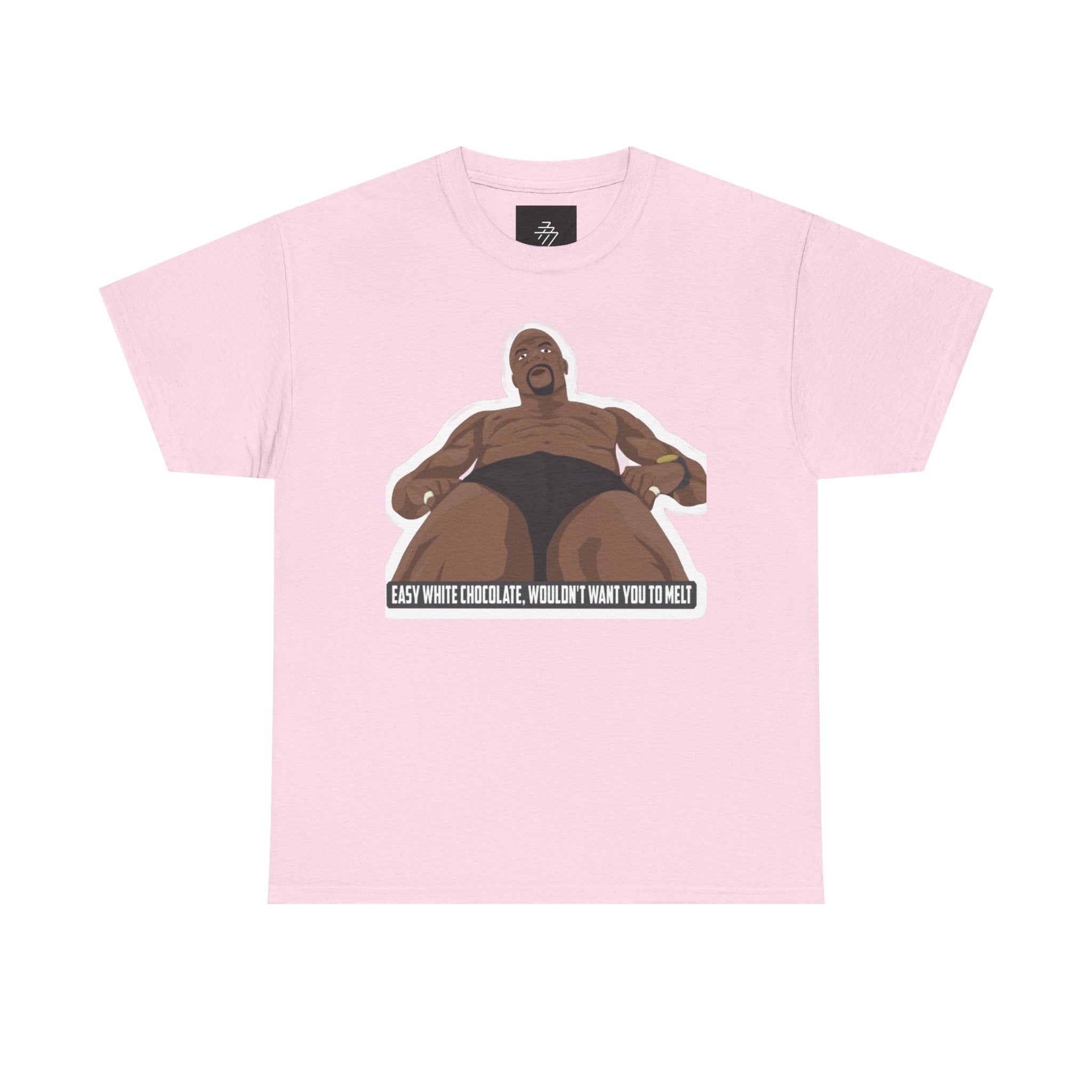 Graphic T‑Shirt — Bold Cartoon Man Illustration with "Easy White Chocolate, Wouldn't Want You to Melt" Slogan