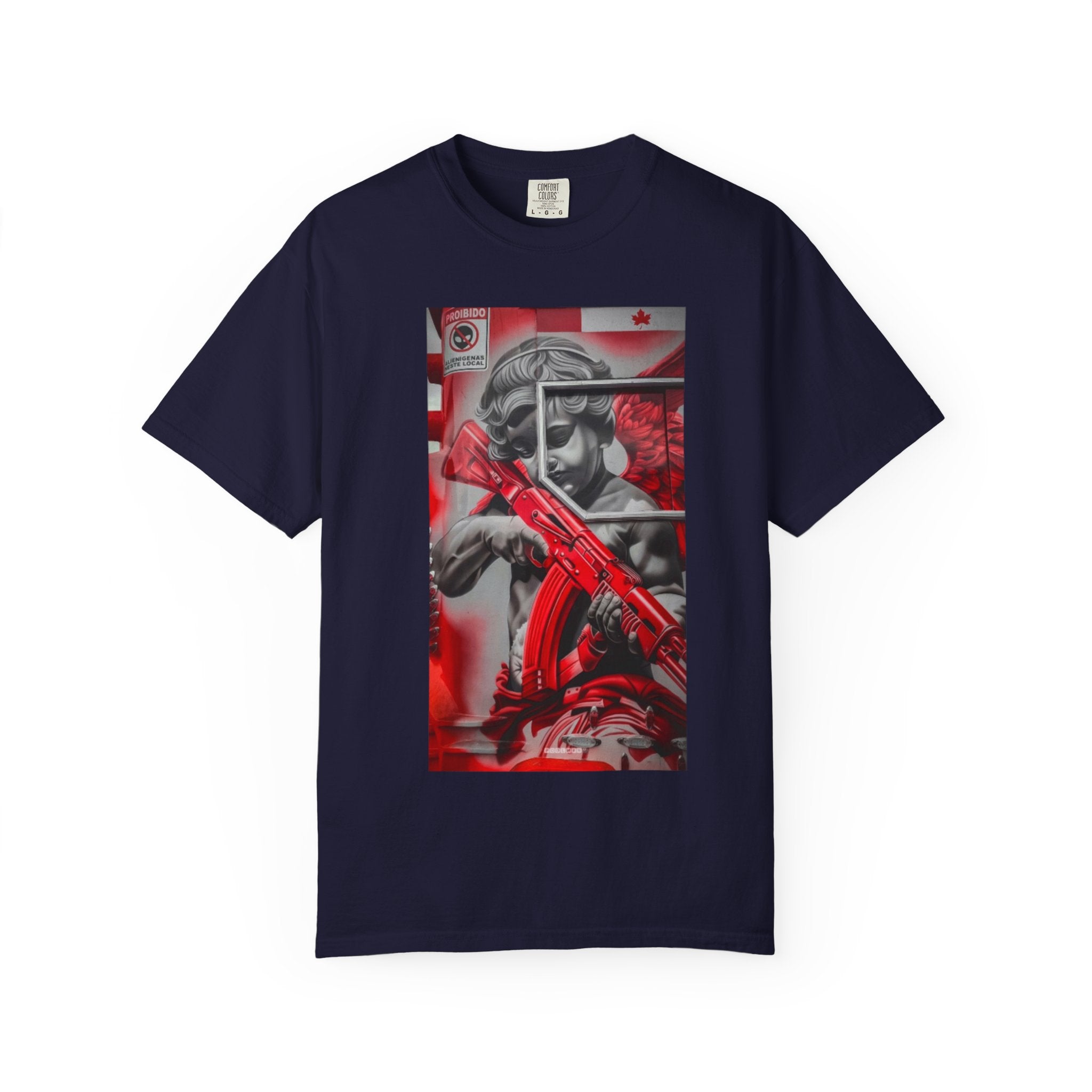 Red and Black Statue with Rifle T-Shirt | Grunge Urban Art