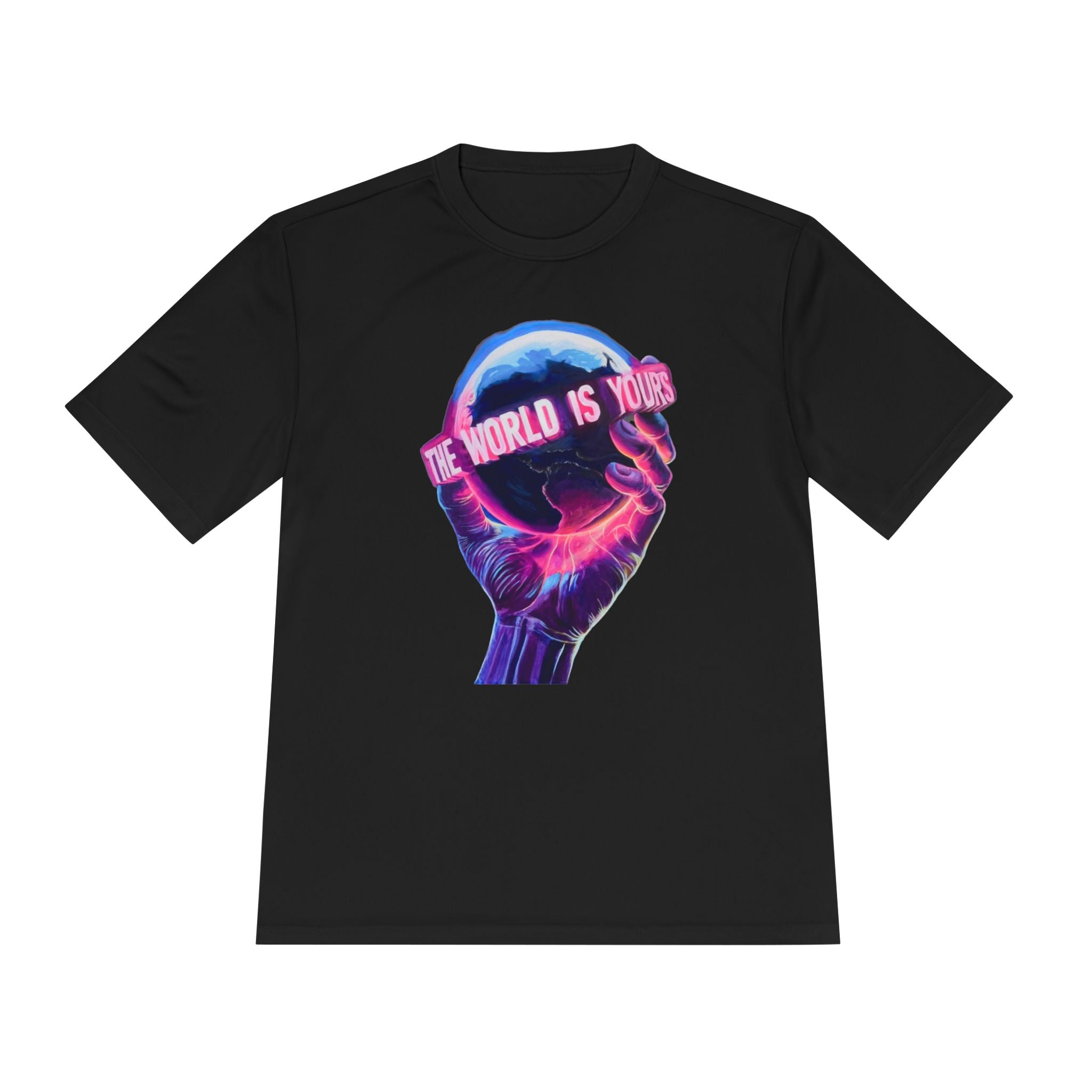 The World Is Yours hand holding globe Tee | Vaporwave neon graphic shirt