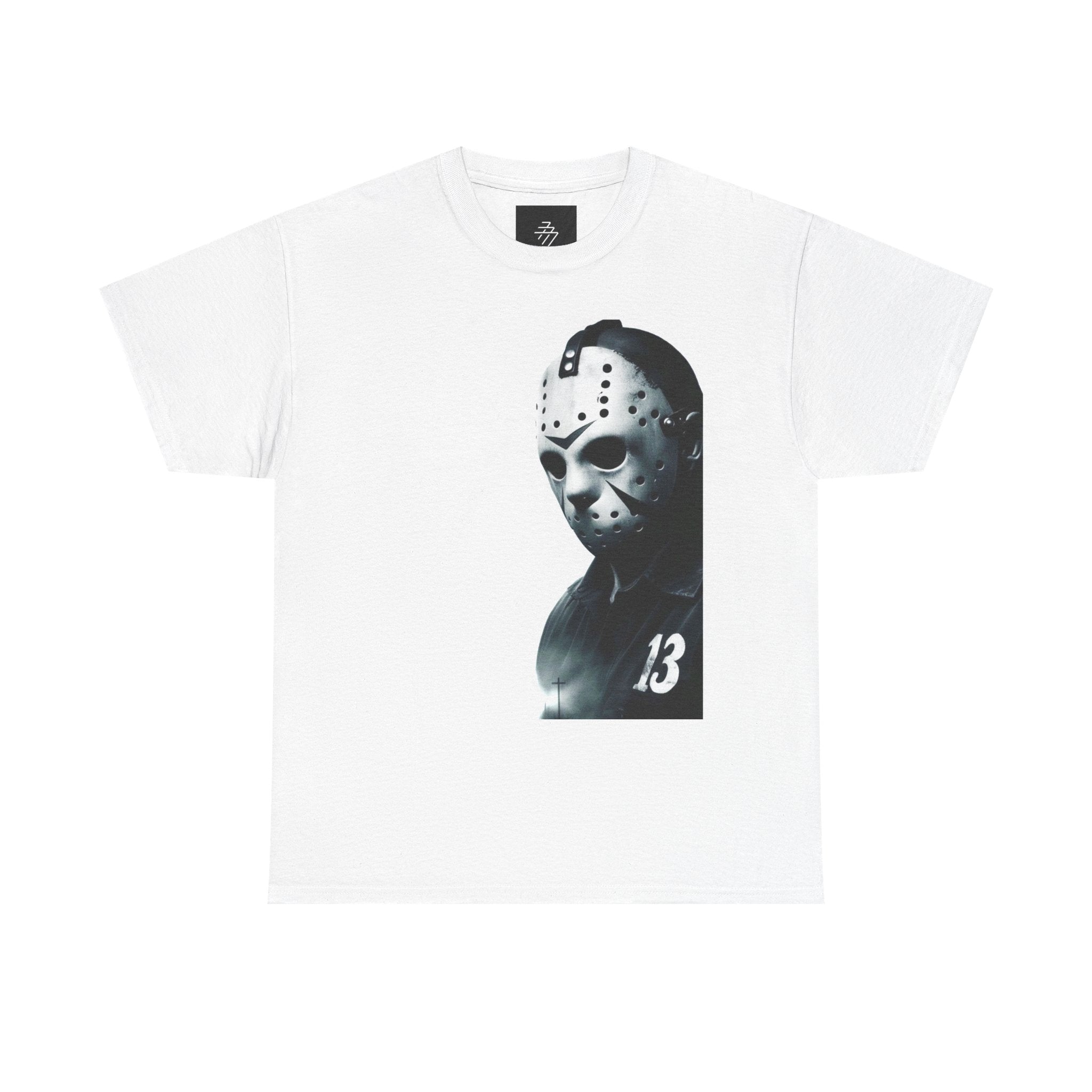 Horror Mask Graphic Tee — Jason '13' Slashed Vintage Horror Art T-Shirt