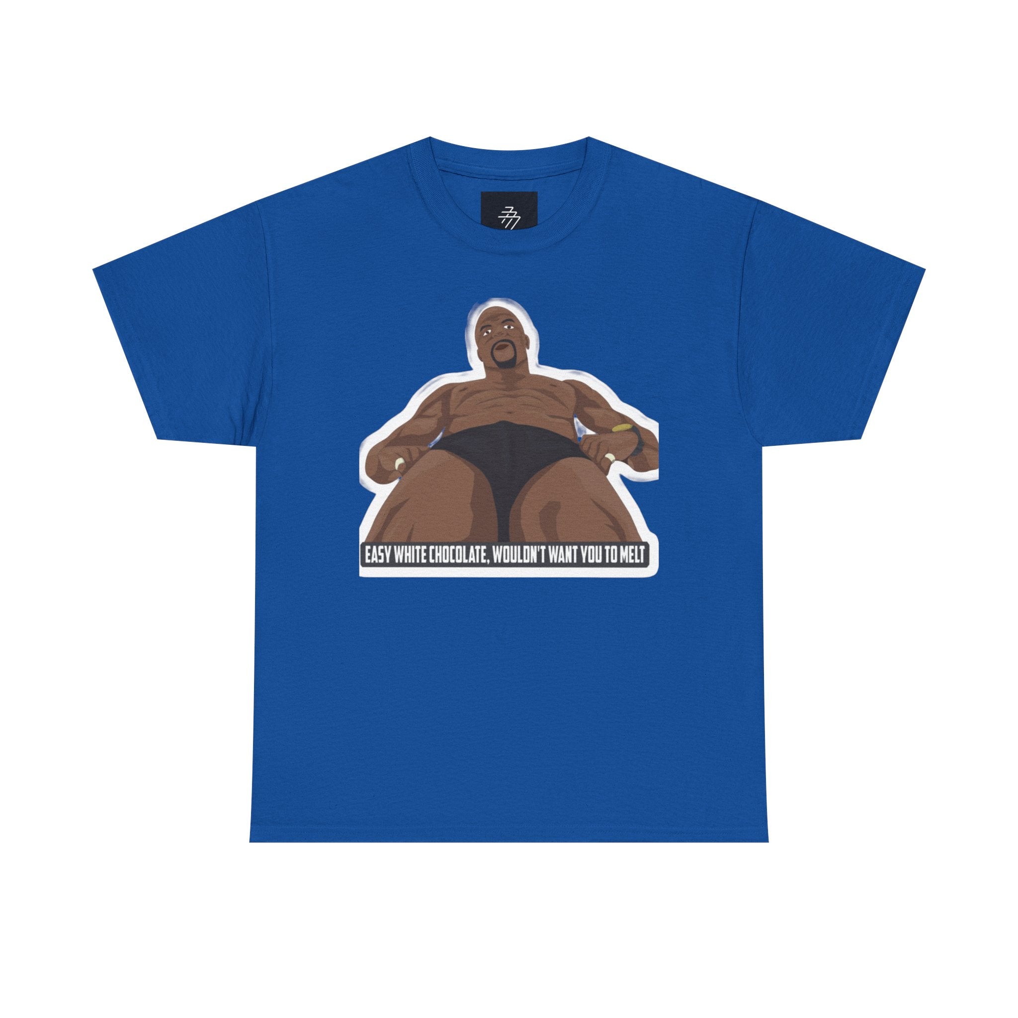 Graphic T‑Shirt — Bold Cartoon Man Illustration with "Easy White Chocolate, Wouldn't Want You to Melt" Slogan