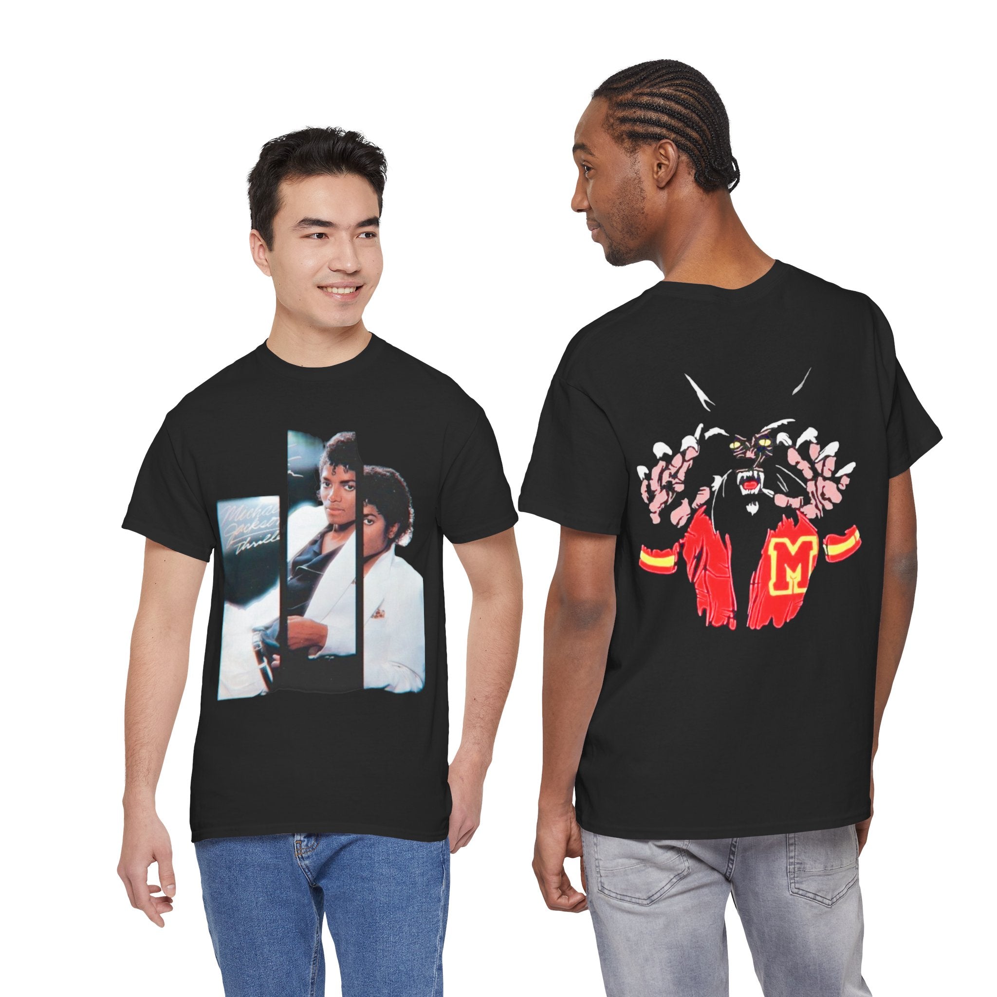 Michael Jackson Thriller Vintage Split-Photo Graphic Tee — Black Retro Portrait & Panther Back Design