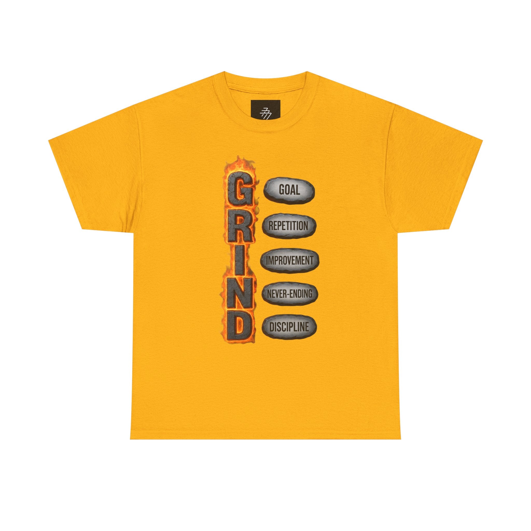 Grind Motivational Tee — "GRIND" Flame Graphic with Goal, Repetition, Improvement, Discipline