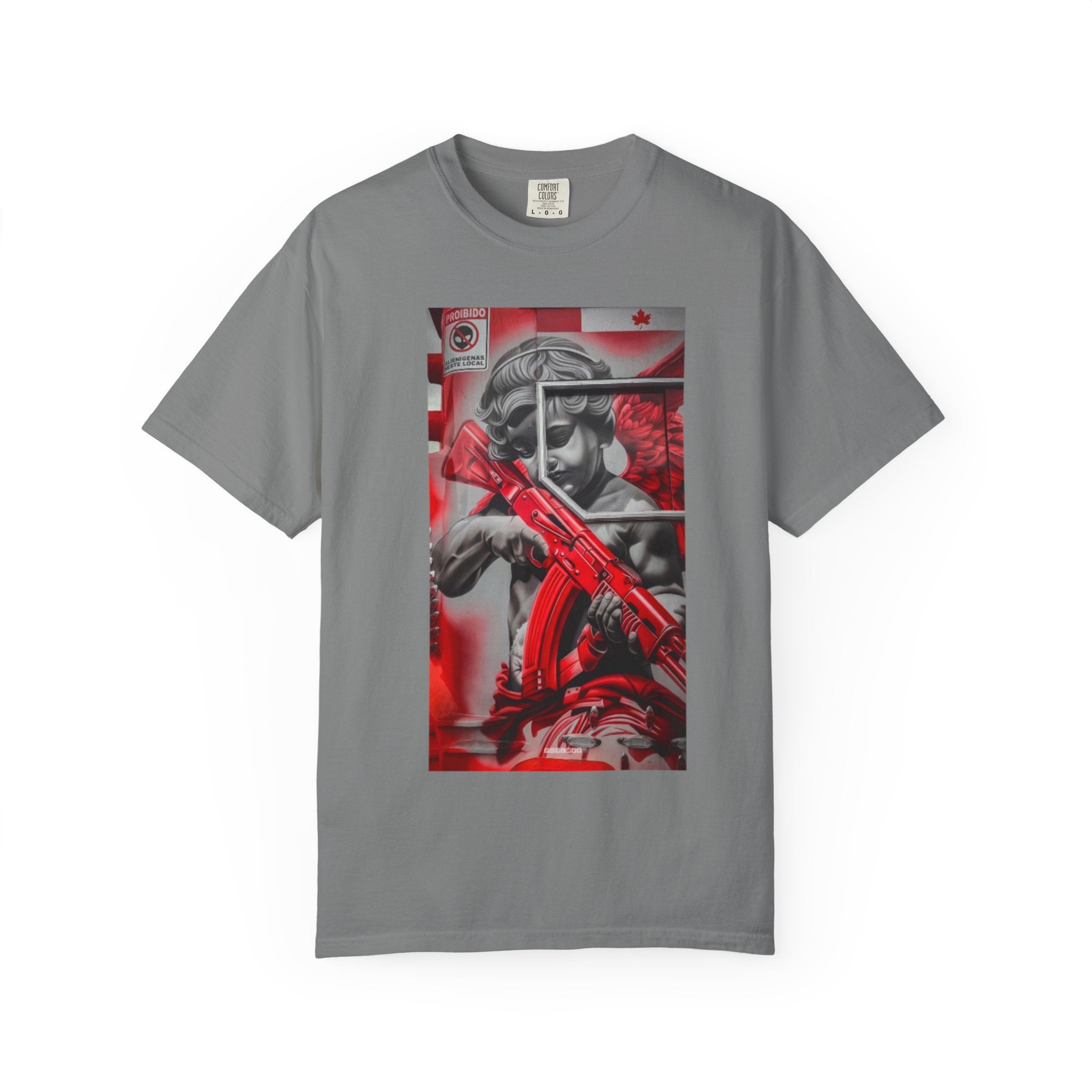 Red and Black Statue with Rifle T-Shirt | Grunge Urban Art