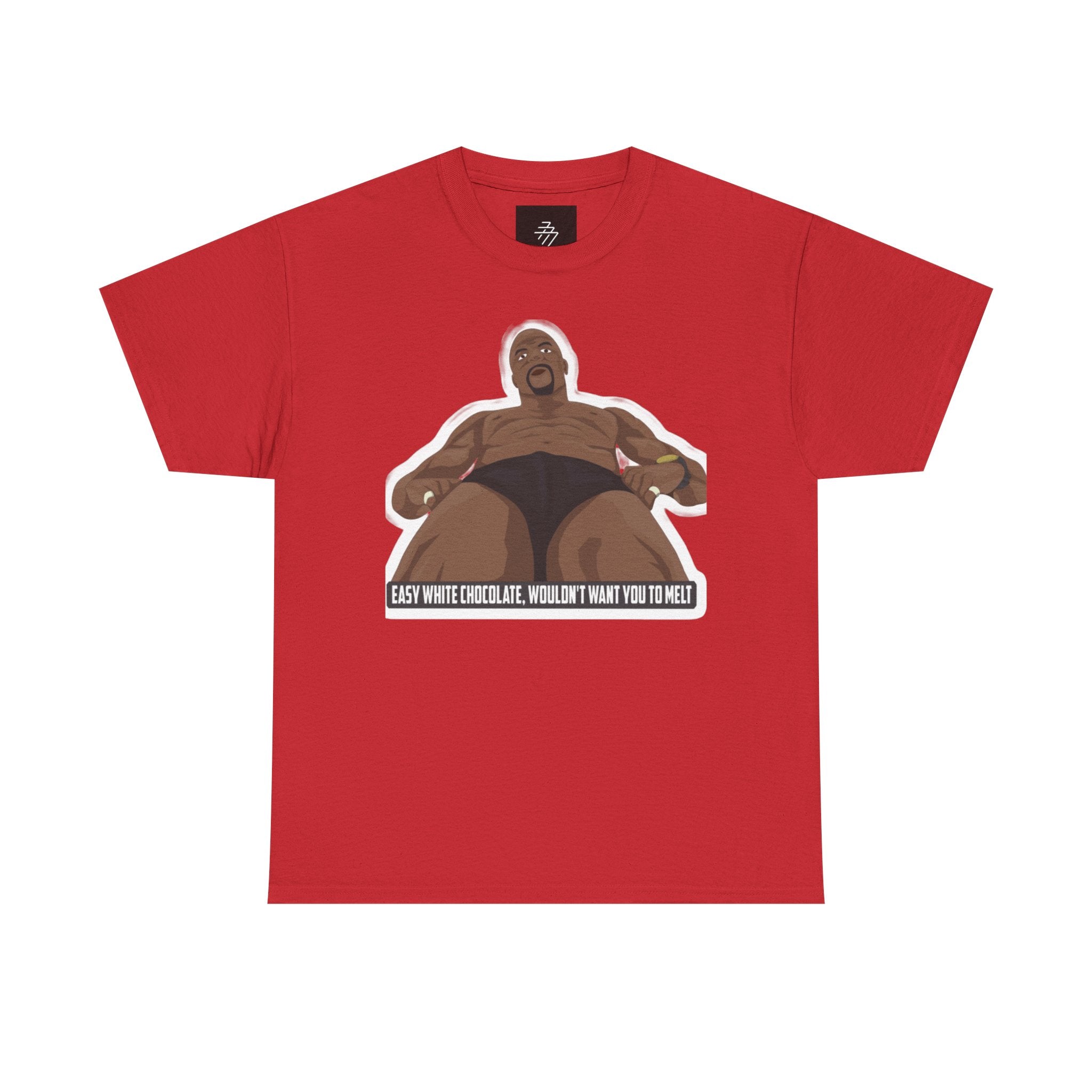 Graphic T‑Shirt — Bold Cartoon Man Illustration with "Easy White Chocolate, Wouldn't Want You to Melt" Slogan