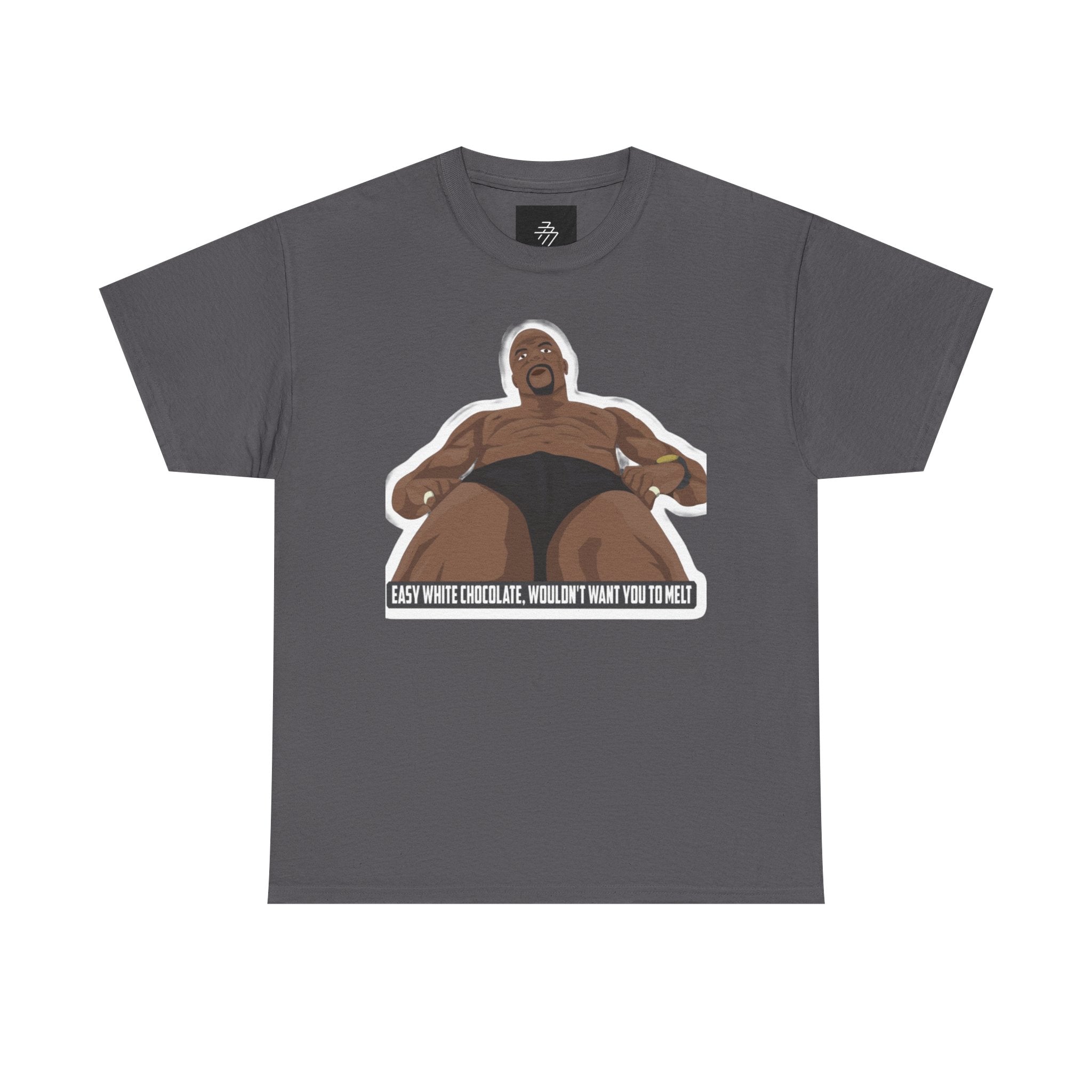 Graphic T‑Shirt — Bold Cartoon Man Illustration with "Easy White Chocolate, Wouldn't Want You to Melt" Slogan