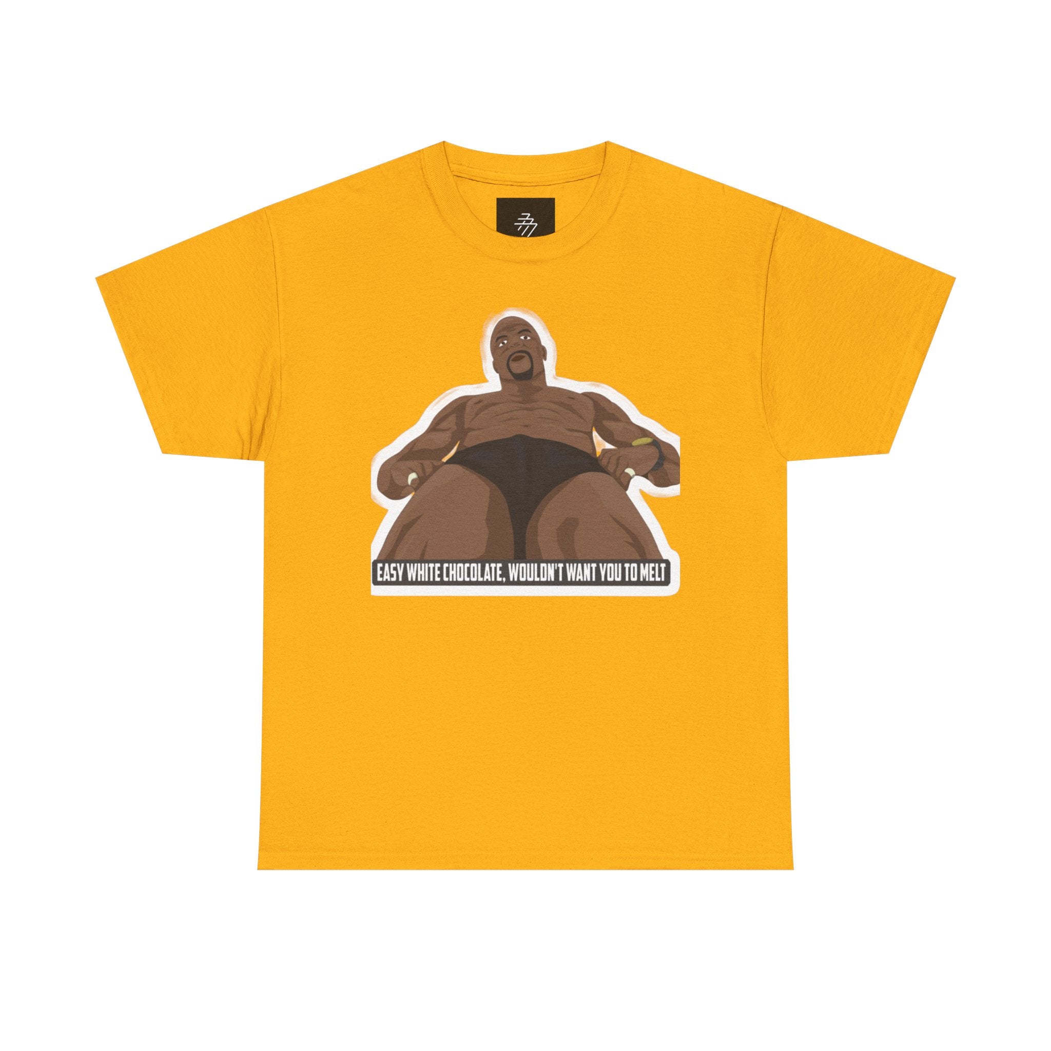 Graphic T‑Shirt — Bold Cartoon Man Illustration with "Easy White Chocolate, Wouldn't Want You to Melt" Slogan