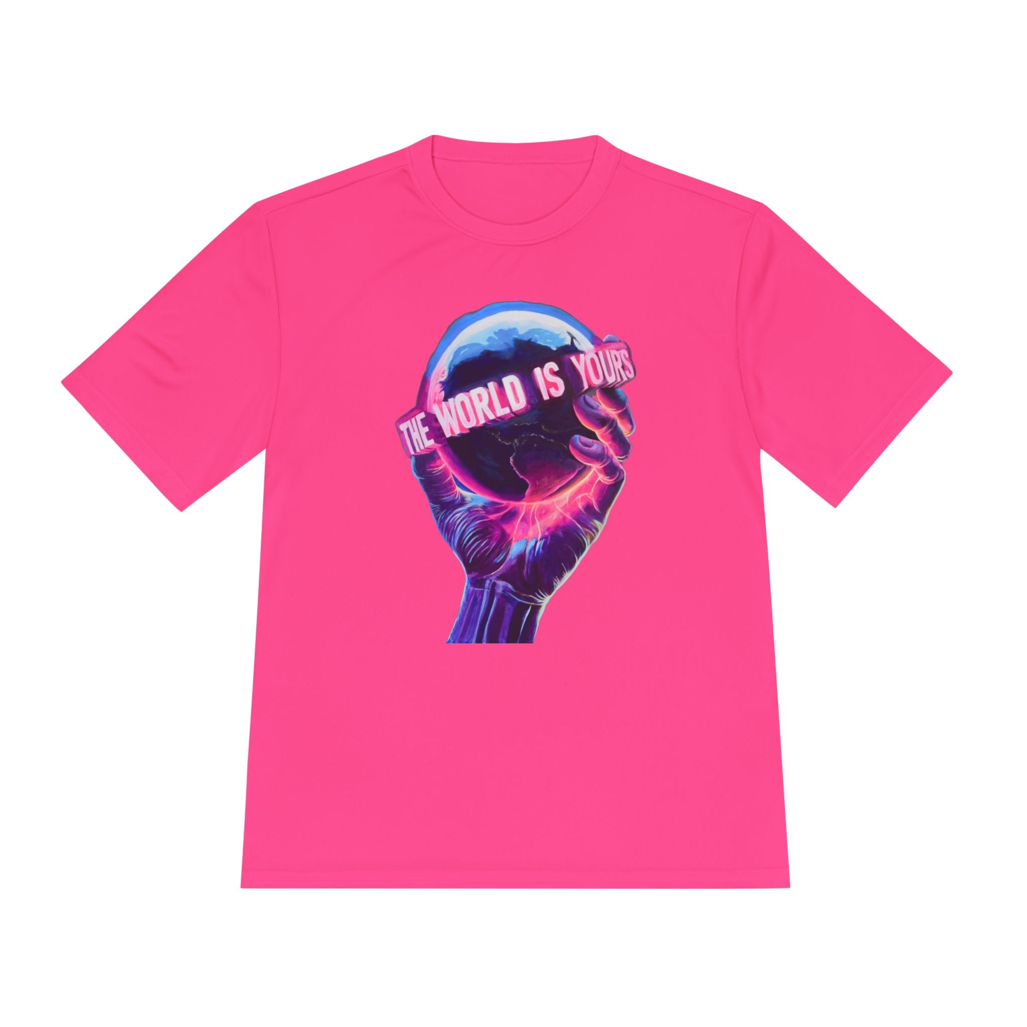 The World Is Yours hand holding globe Tee | Vaporwave neon graphic shirt