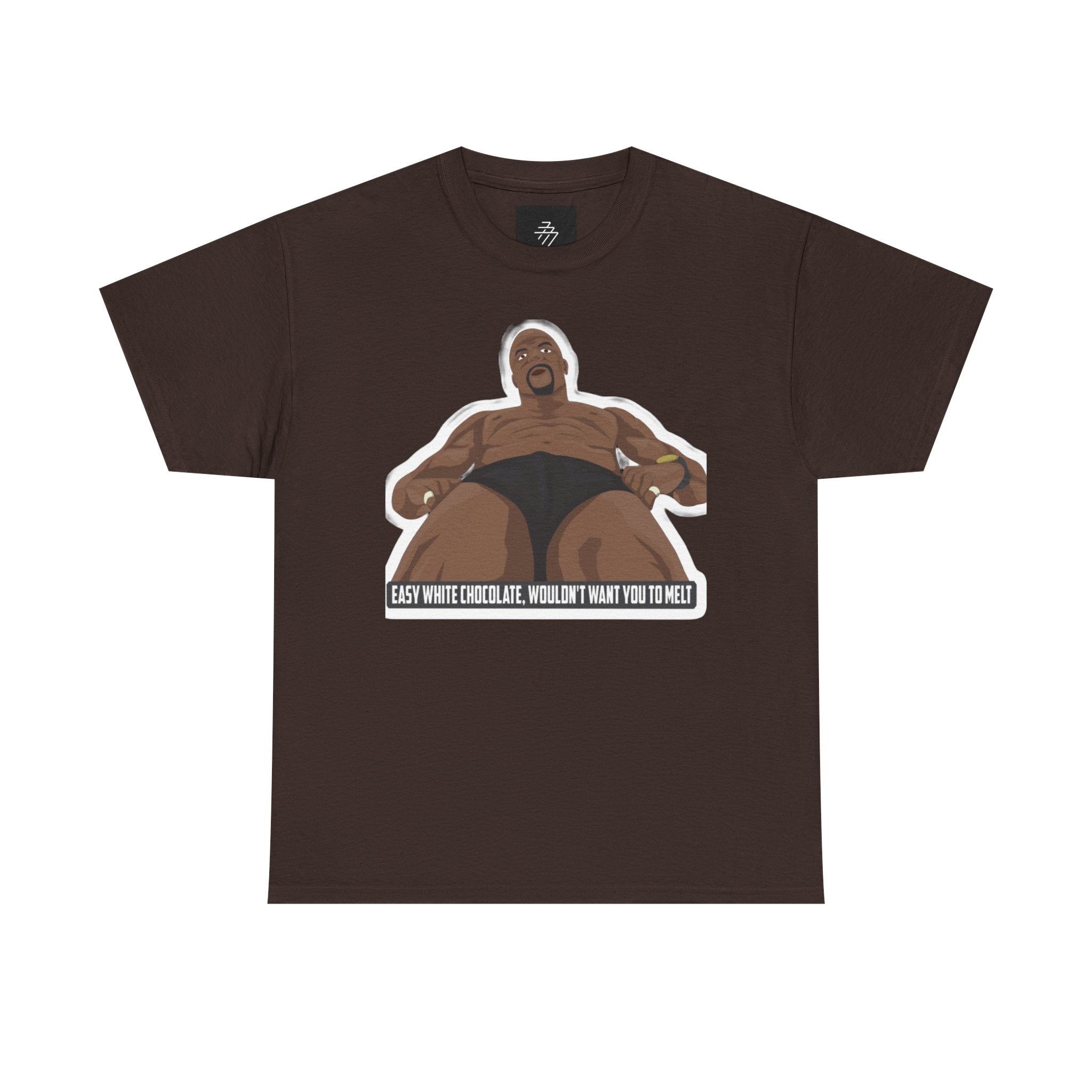 Graphic T‑Shirt — Bold Cartoon Man Illustration with "Easy White Chocolate, Wouldn't Want You to Melt" Slogan