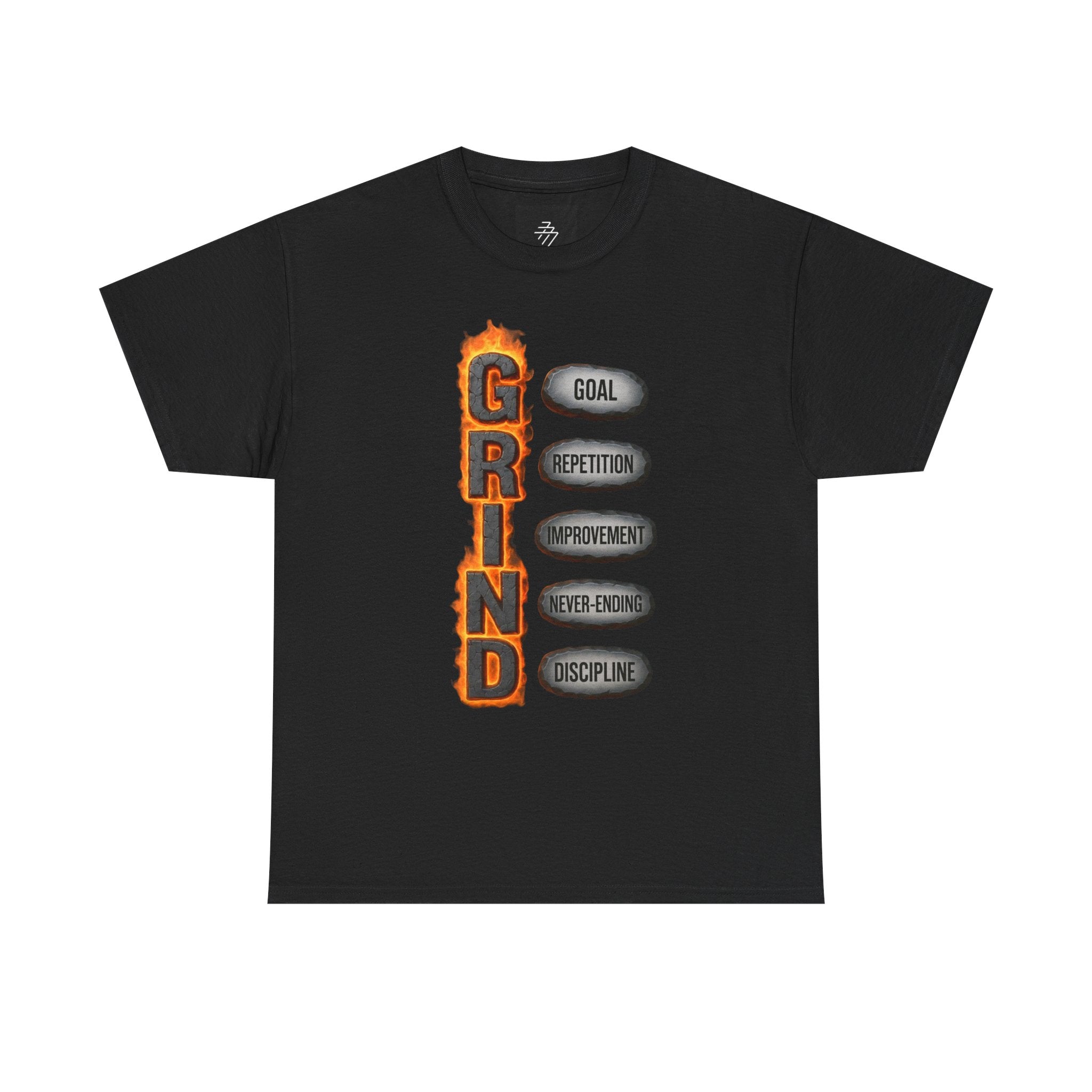 Grind Motivational Tee — "GRIND" Flame Graphic with Goal, Repetition, Improvement, Discipline