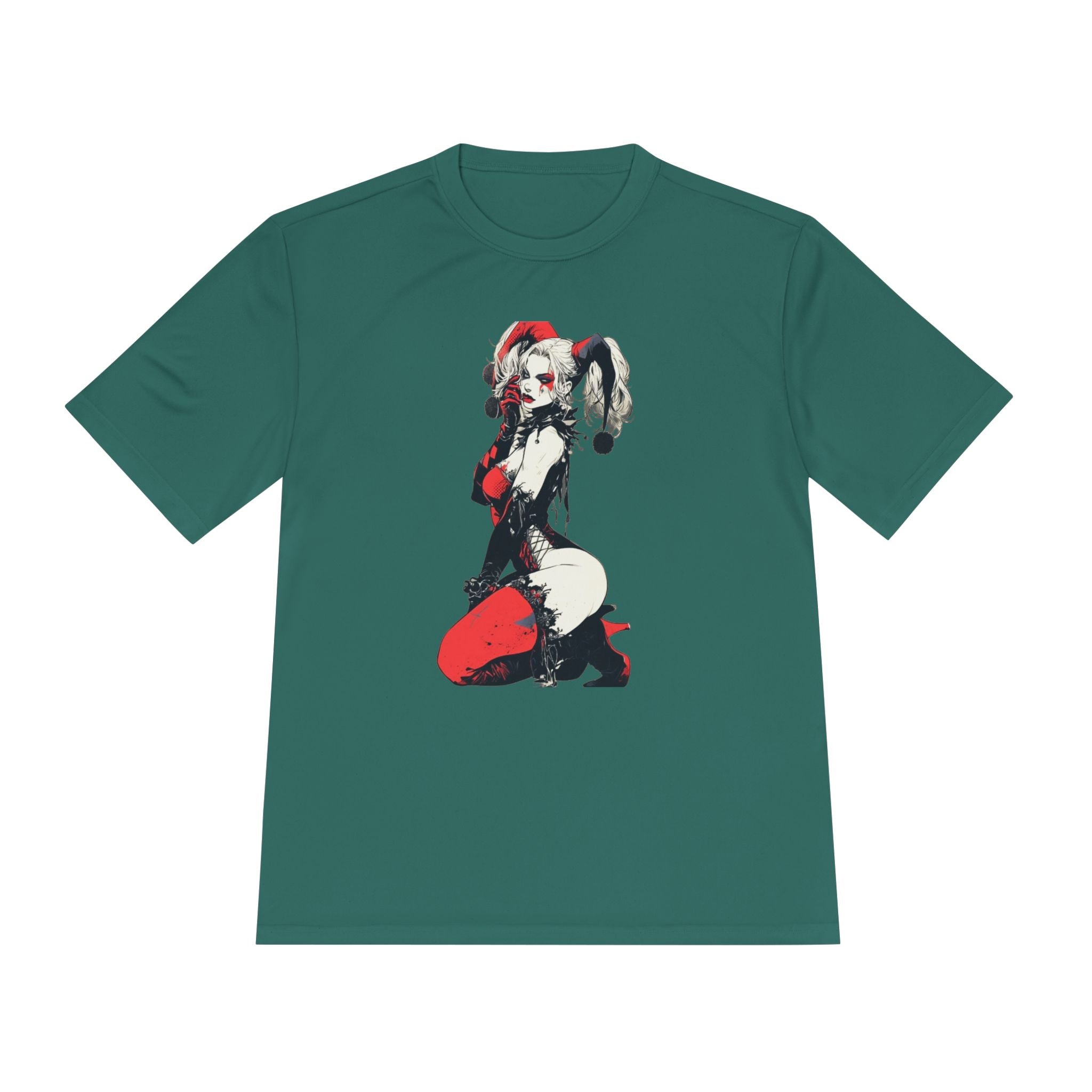 Harlequin Pinup Character Tee | Red Black Joker Girl Illustration